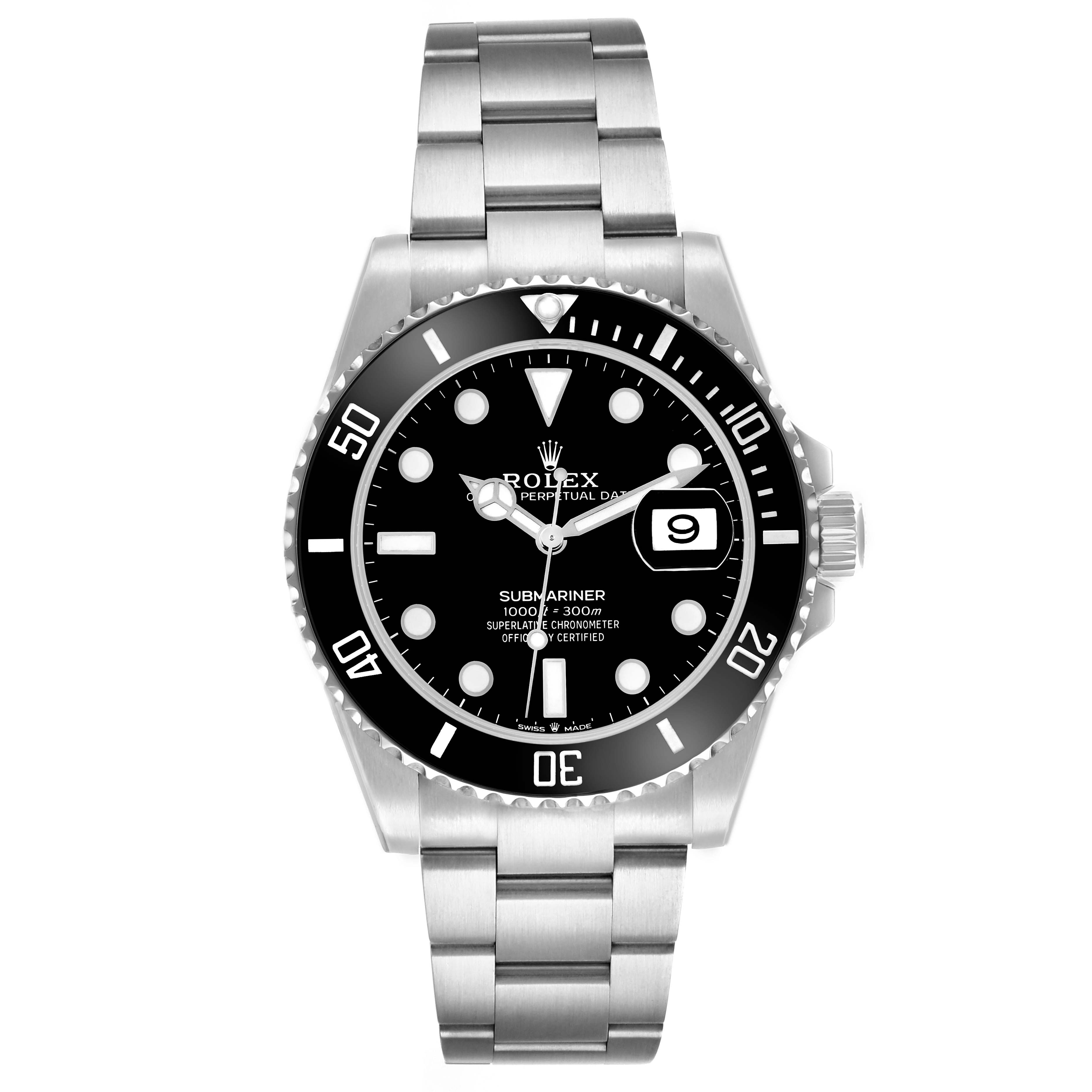 The Rolex Submariner 126610 Men's Stainless Steel Black Dial watch is shown from a top-down angle, displaying the face, bezel, and full bracelet.