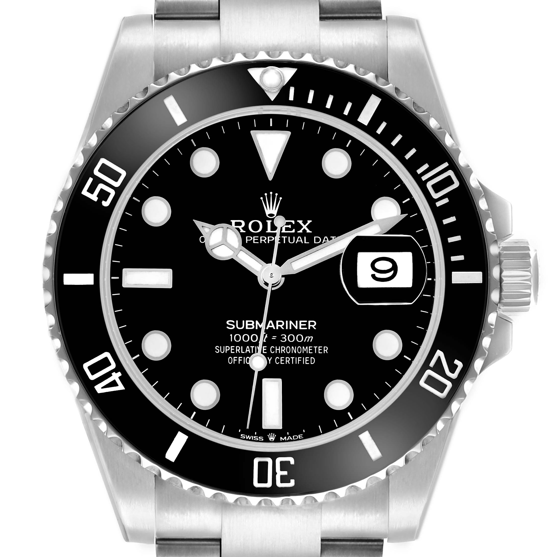 The Rolex Submariner 126610 Men's Stainless Steel Black Dial is shown from a front angle, highlighting the bezel, dial, hands, and date window.