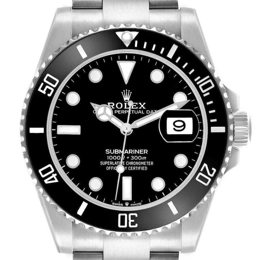 The Rolex Submariner 126610 Men's Stainless Steel Black Dial is shown from a front angle, highlighting the bezel, dial, hands, and date window.
