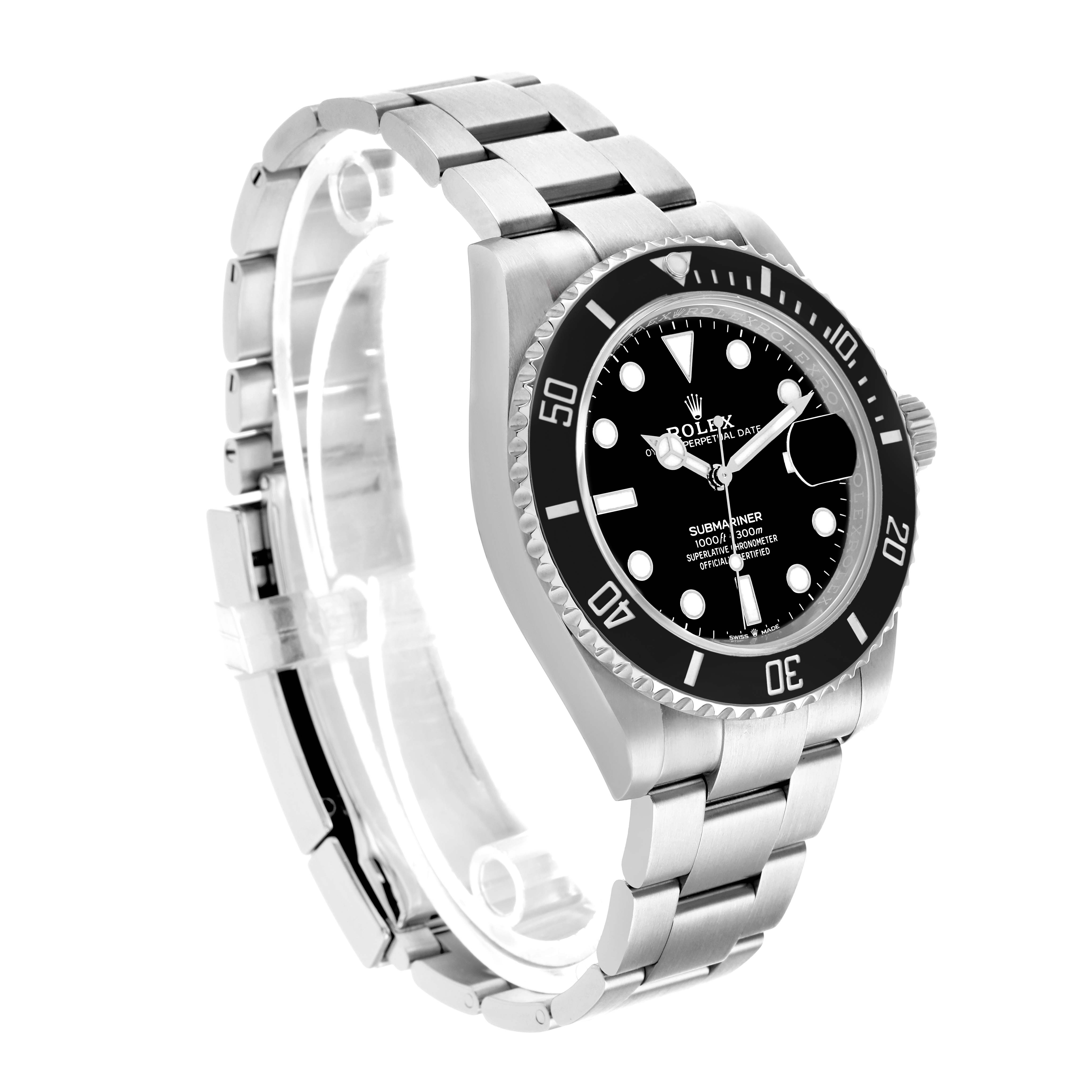The image shows a Rolex Submariner 126610 Men's Stainless Steel Black Dial in a three-quarter view, displaying the face, bezel, crown, and bracelet.