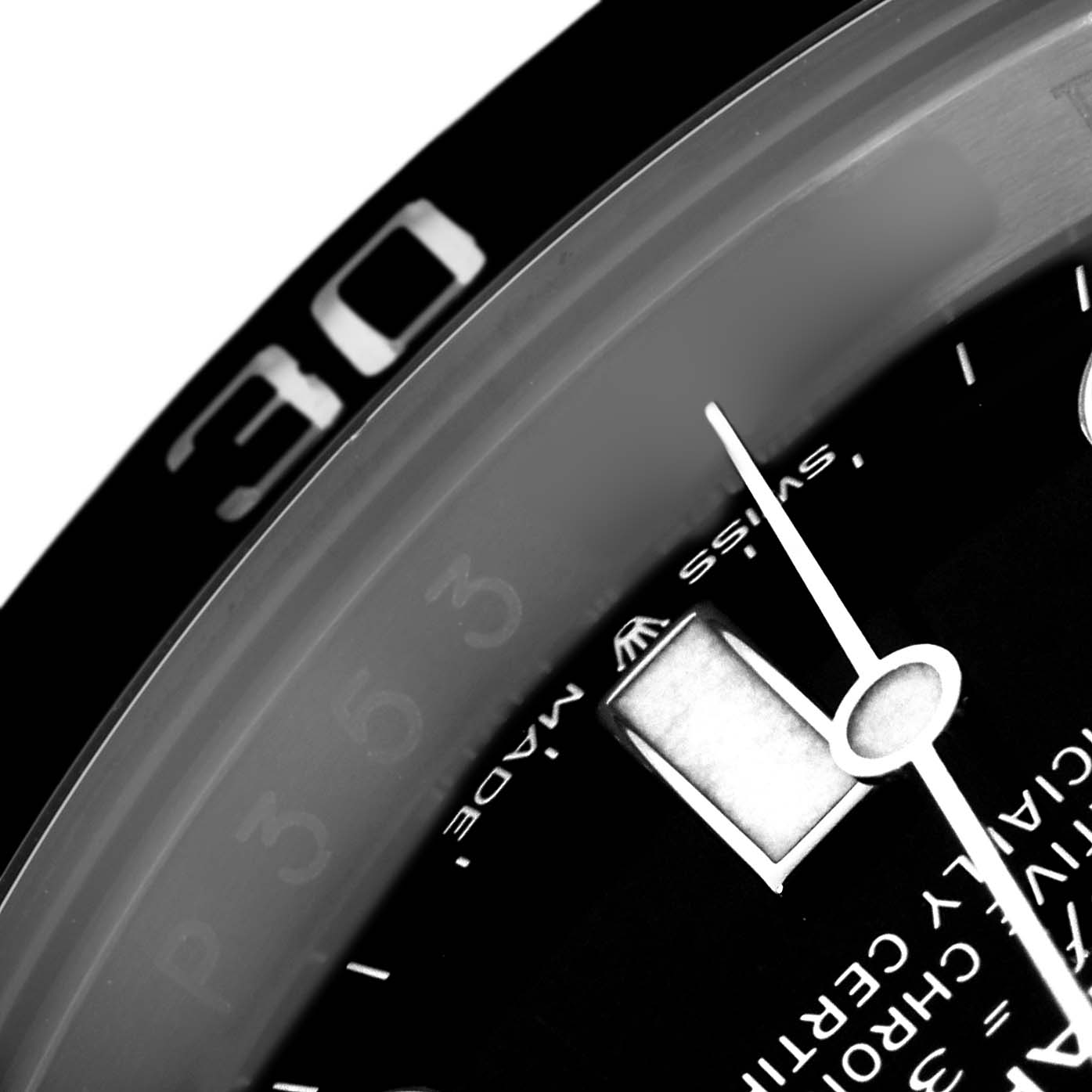 The image shows a close-up of the dial, bezel, and indices of a Rolex Submariner 126610 Men's Stainless Steel Black Dial watch, focusing on the details around the 30-minute mark.
