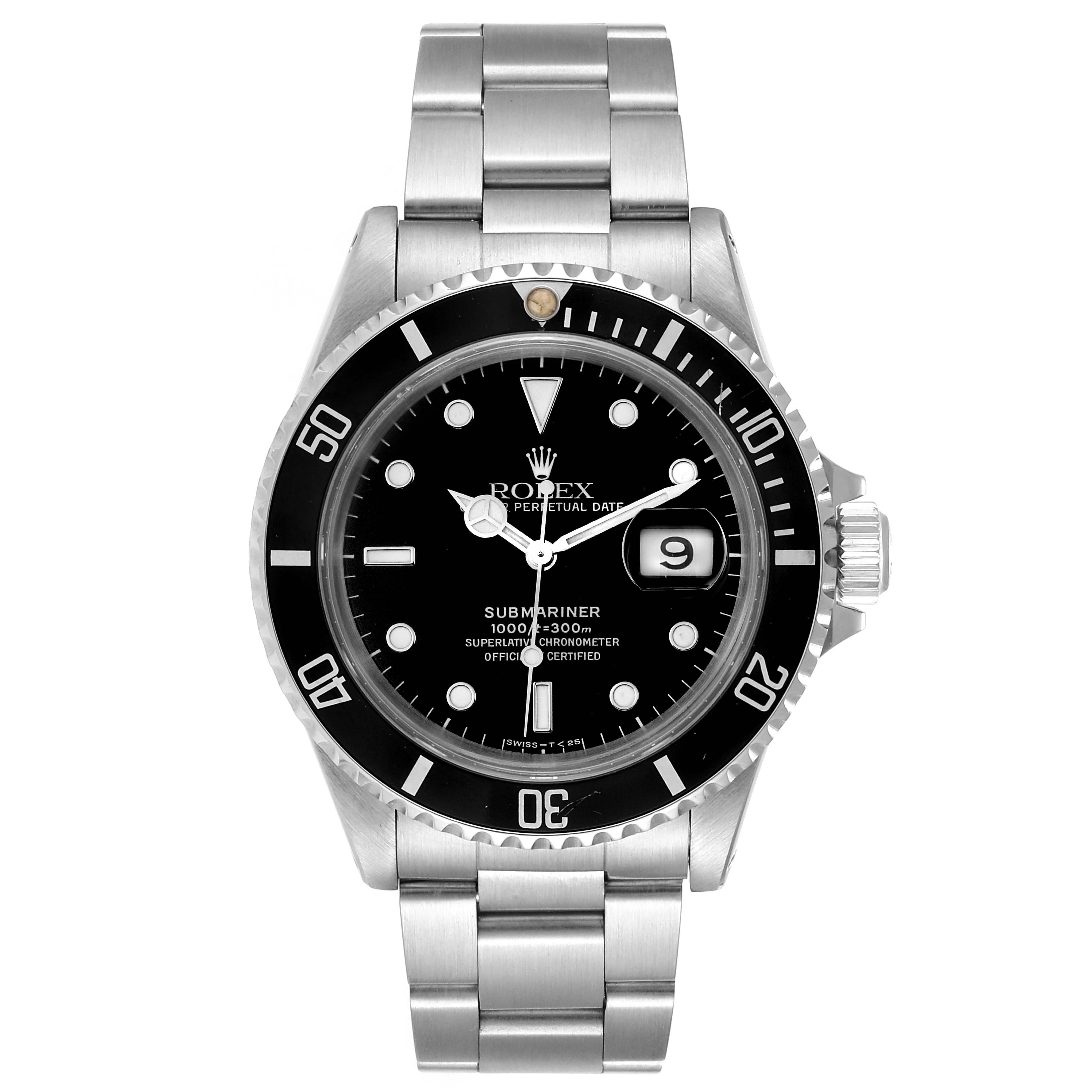 This image shows a front view of the Rolex Submariner 16610 Men's Stainless Steel Black Dial 16610 Men's Stainless Steel Black Dial watch, highlighting its dial, bezel, and bracelet.