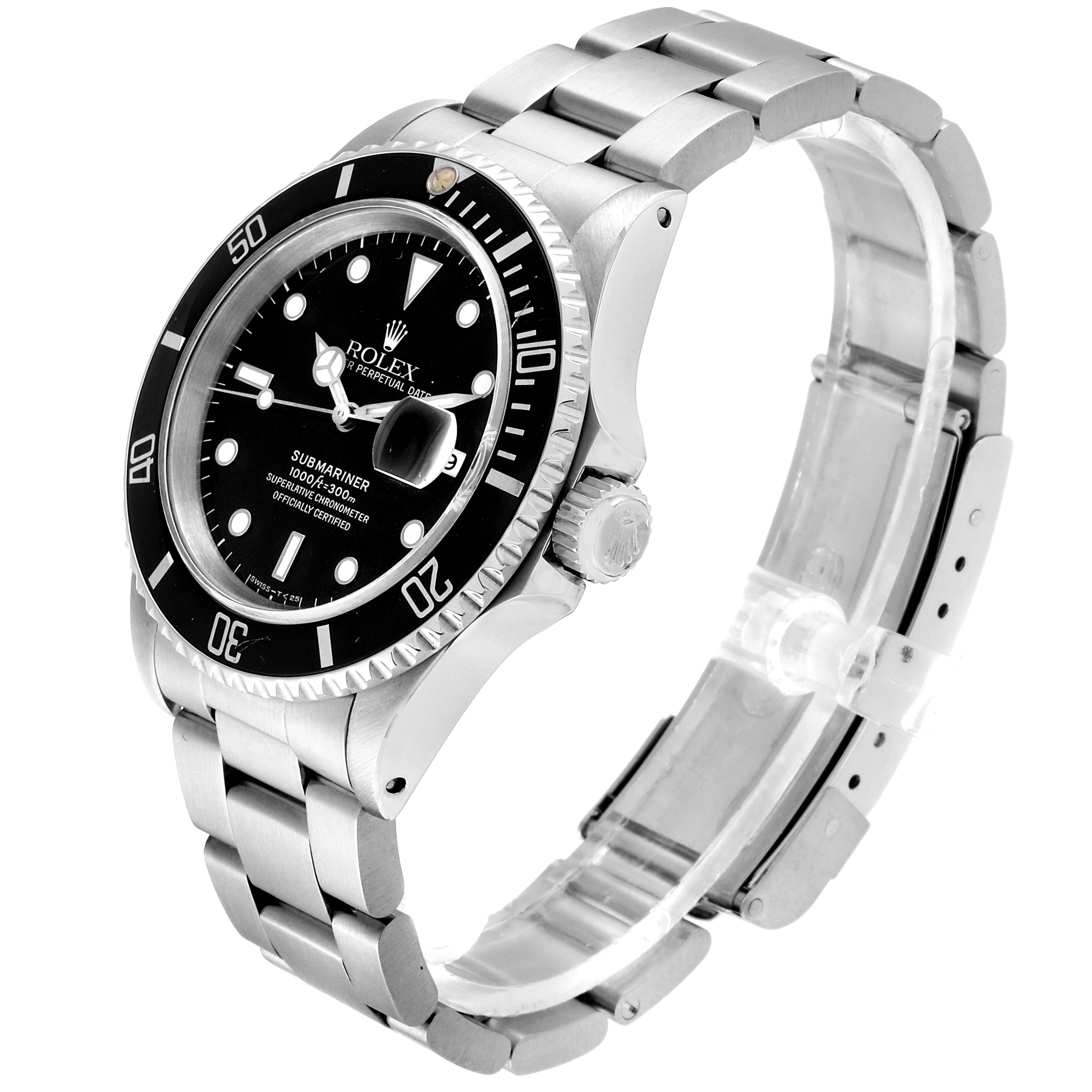 The image shows a Rolex Submariner 16610 Men's Stainless Steel Black Dial 16610 Men's Stainless Steel Black Dial watch at a slight angle, highlighting its face, bezel, crown, and metal bracelet.