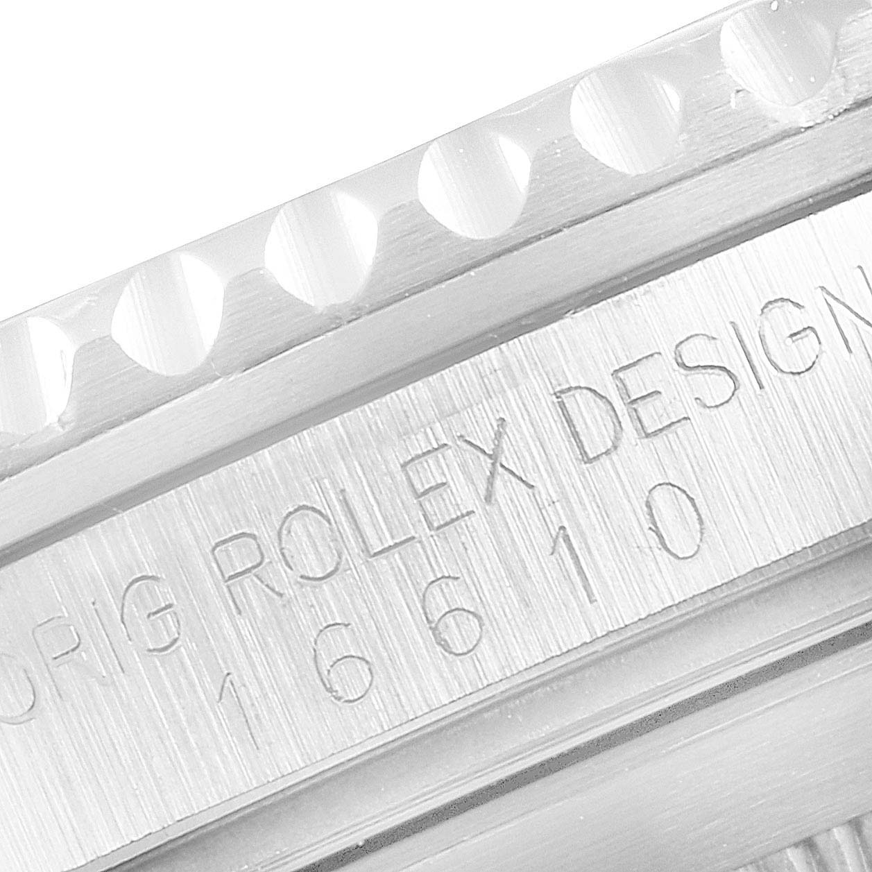 This image shows a close-up of the bezel and engraved model number on a Rolex Submariner 16610 Men's Stainless Steel Black Dial 16610 Men's Stainless Steel Black Dial watch.