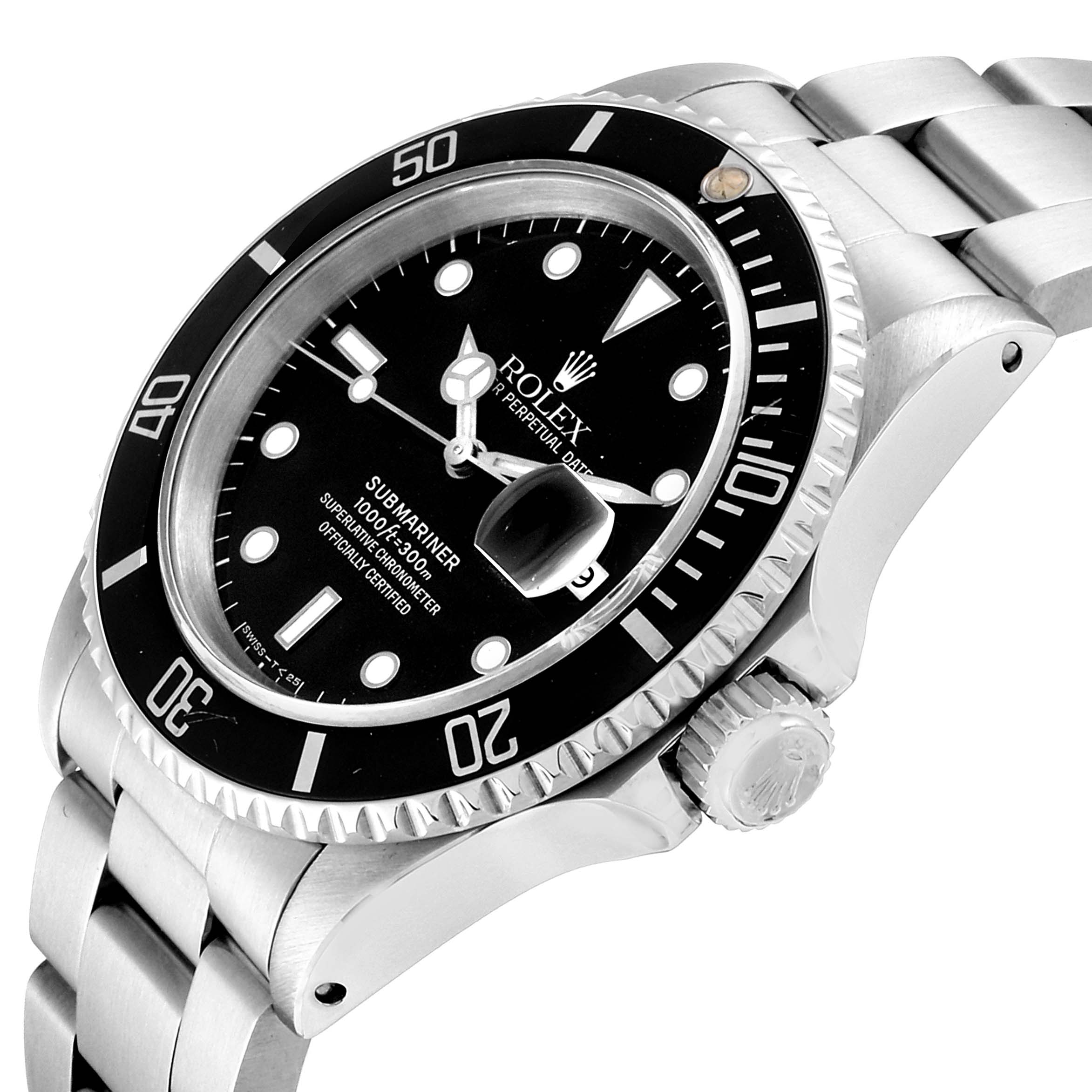 This image shows a Rolex Submariner 16610 Men's Stainless Steel Black Dial 16610 Men's Stainless Steel Black Dial watch at an angle highlighting its bezel, dial, crown, and part of the bracelet.
