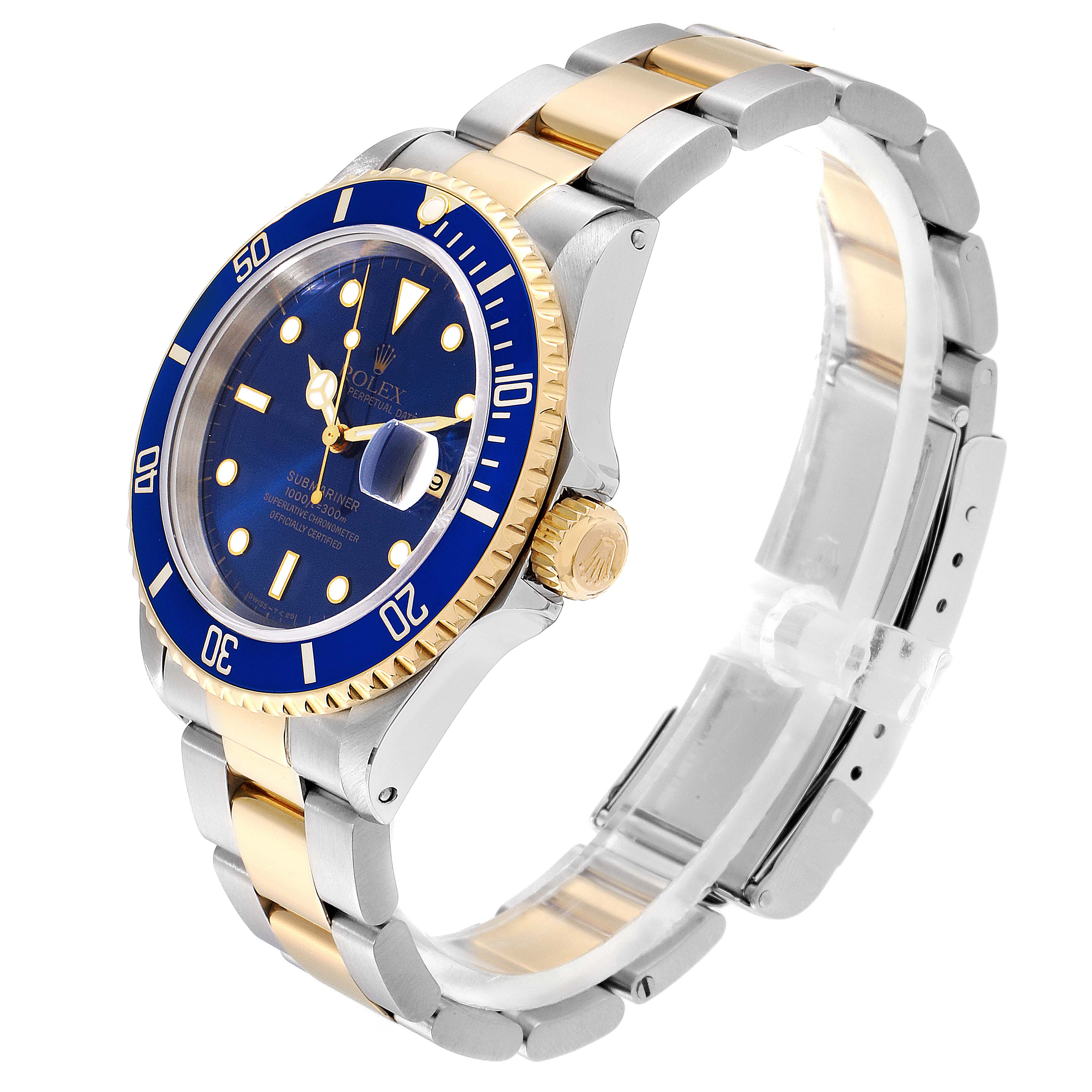 The image shows a side angle of the Rolex Submariner 16613 Men
s Steel and Gold (two tone) Blue Dial 16613 Men
s Steel and Gold (two tone) Blue Dial, highlighting its blue dial, bezel, and two-tone bracelet.