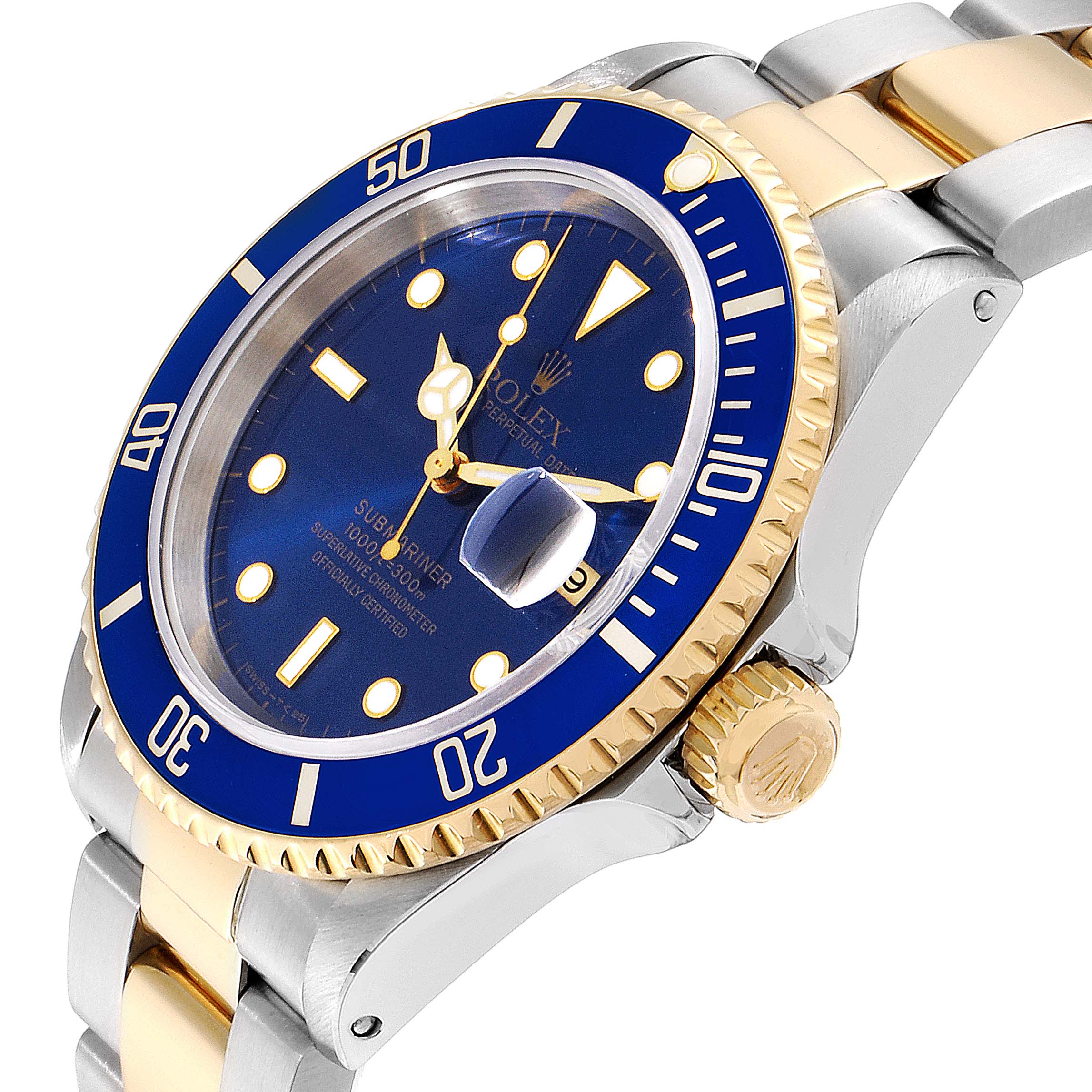The image shows a side angle of a Rolex Submariner 16613 Men
s Steel and Gold (two tone) Blue Dial 16613 Men
s Steel and Gold (two tone) Blue Dial watch, highlighting its blue dial, gold and stainless steel bracelet, and rotating bezel.