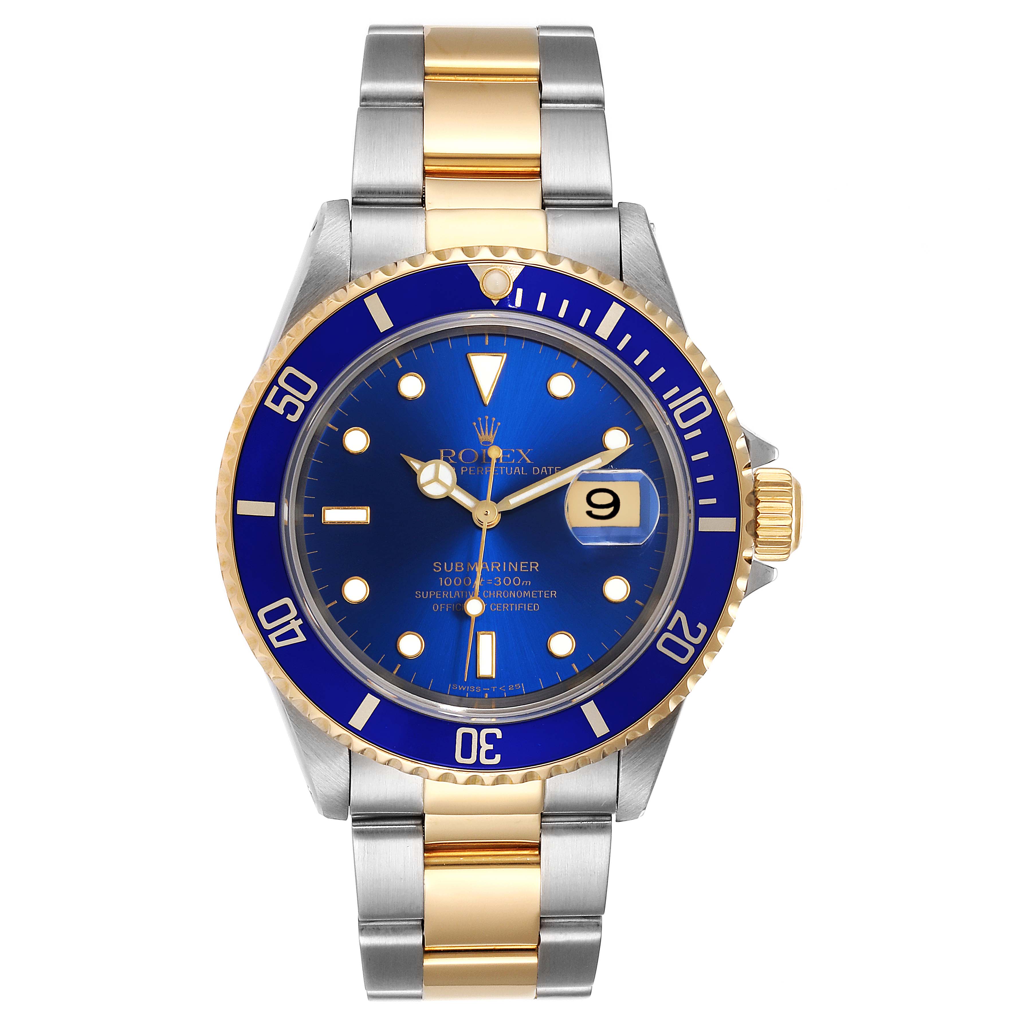 The Rolex Submariner 16613 Men
s Steel and Gold (two tone) Blue Dial 16613 Men
s Steel and Gold (two tone) Blue Dial is shown from a front angle, displaying its blue dial, date window, and two-tone metal bracelet.
