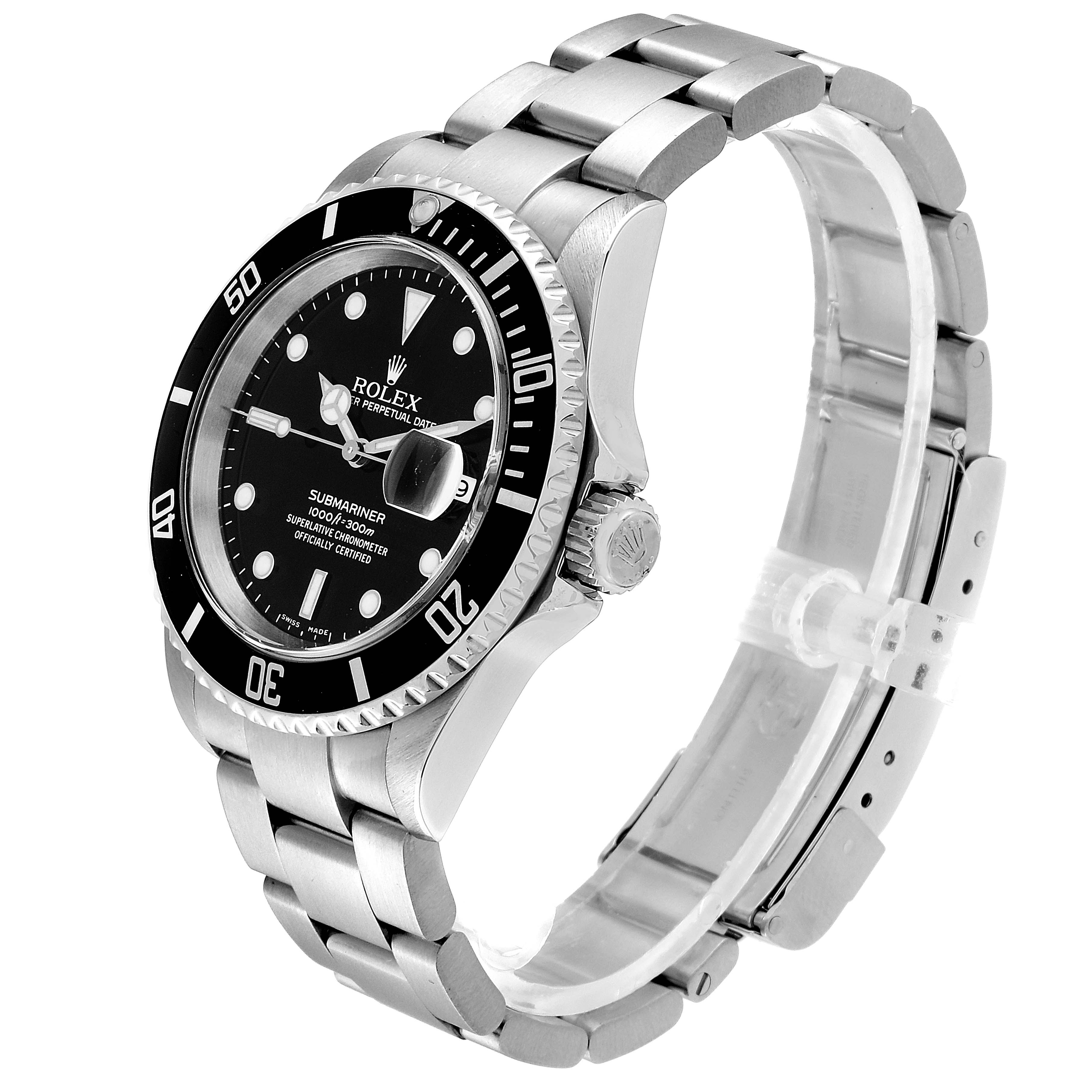 The image shows a Rolex Submariner 16610 Men's Stainless Steel Black Dial 16610 Men's Stainless Steel Black Dial watch at a side-angle, featuring the bezel, dial, crown, and metal bracelet.