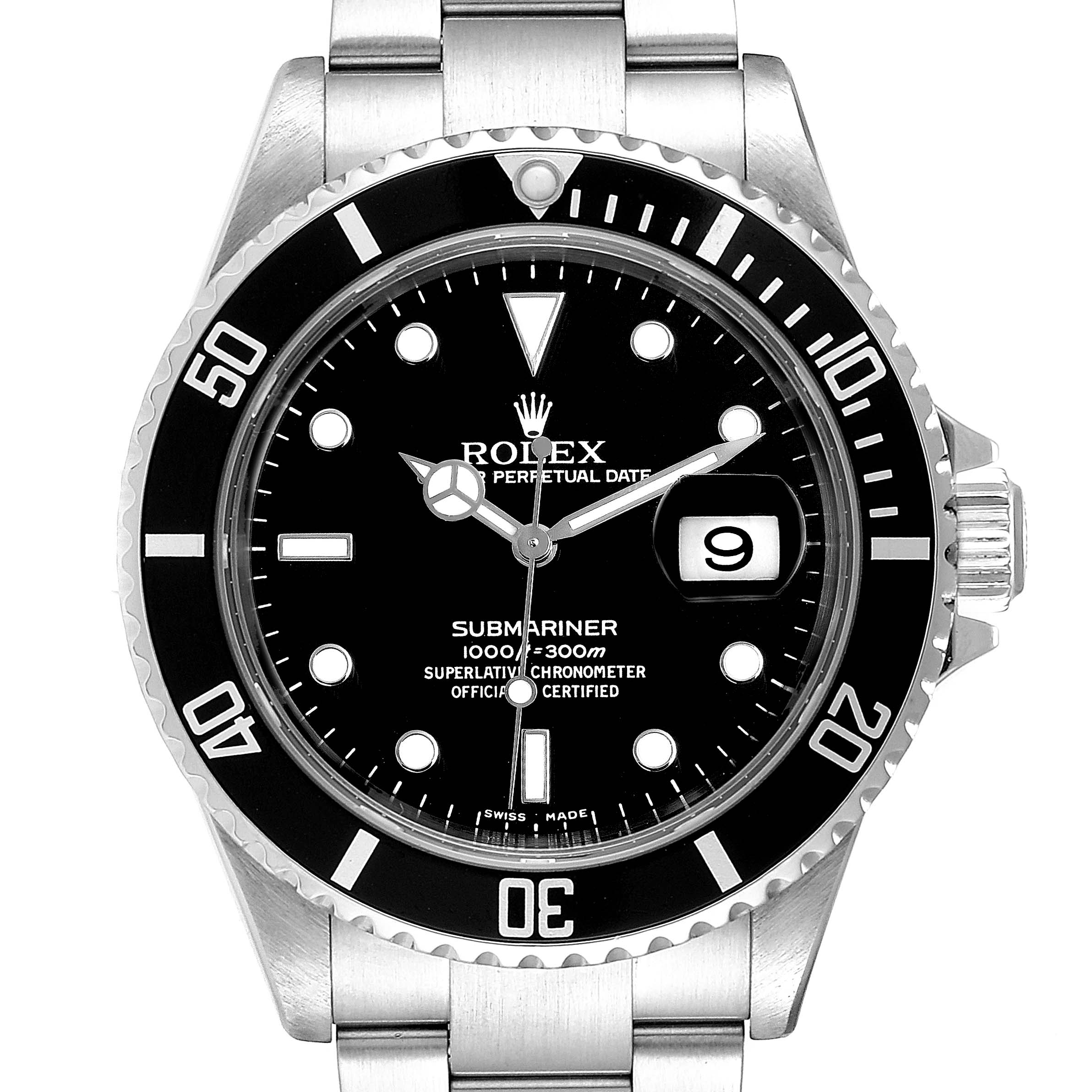 The image shows a front view of a Rolex Submariner 16610 Men's Stainless Steel Black Dial 16610 Men's Stainless Steel Black Dial watch, highlighting the dial, bezel, and bracelet.