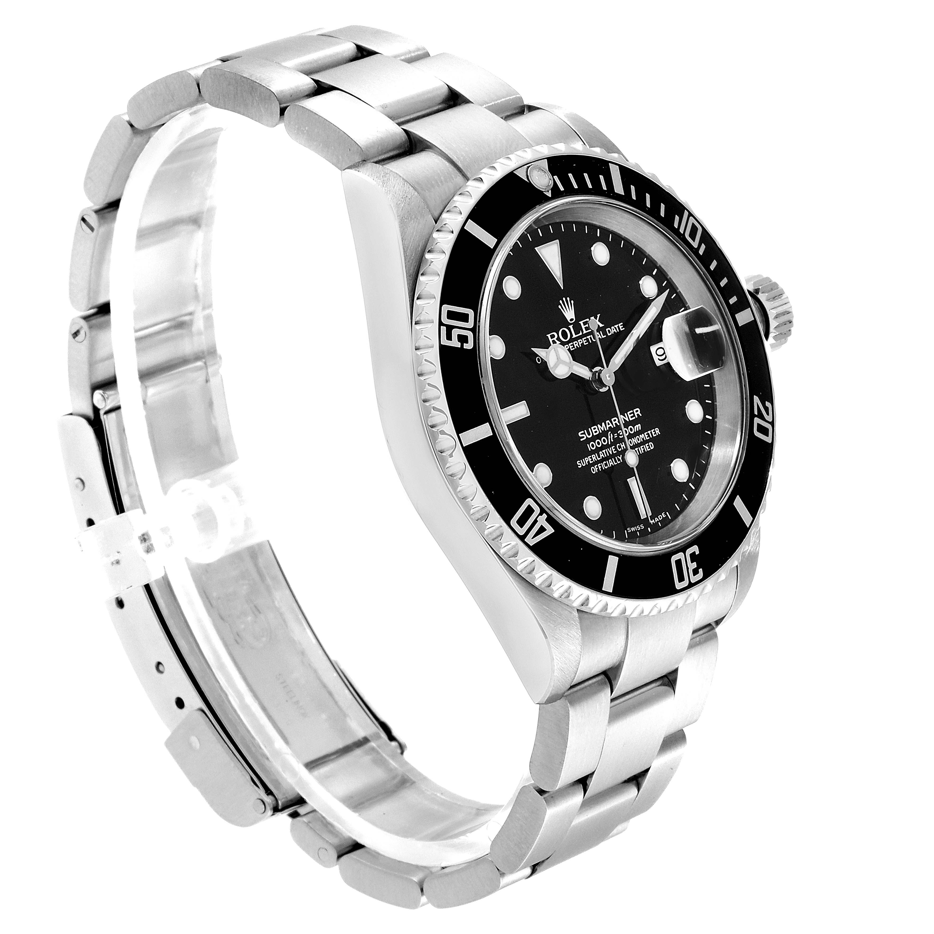 The image shows a side and front angle of the Rolex Submariner 16610 Men's Stainless Steel Black Dial 16610 Men's Stainless Steel Black Dial watch, highlighting its black dial, bezel, and stainless steel bracelet.