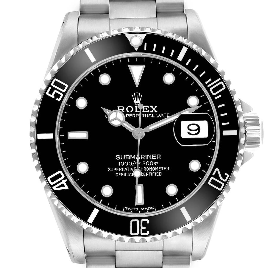 The image shows a front view of a Rolex Submariner 16610 Men's Stainless Steel Black Dial, highlighting the dial, bezel, and bracelet.