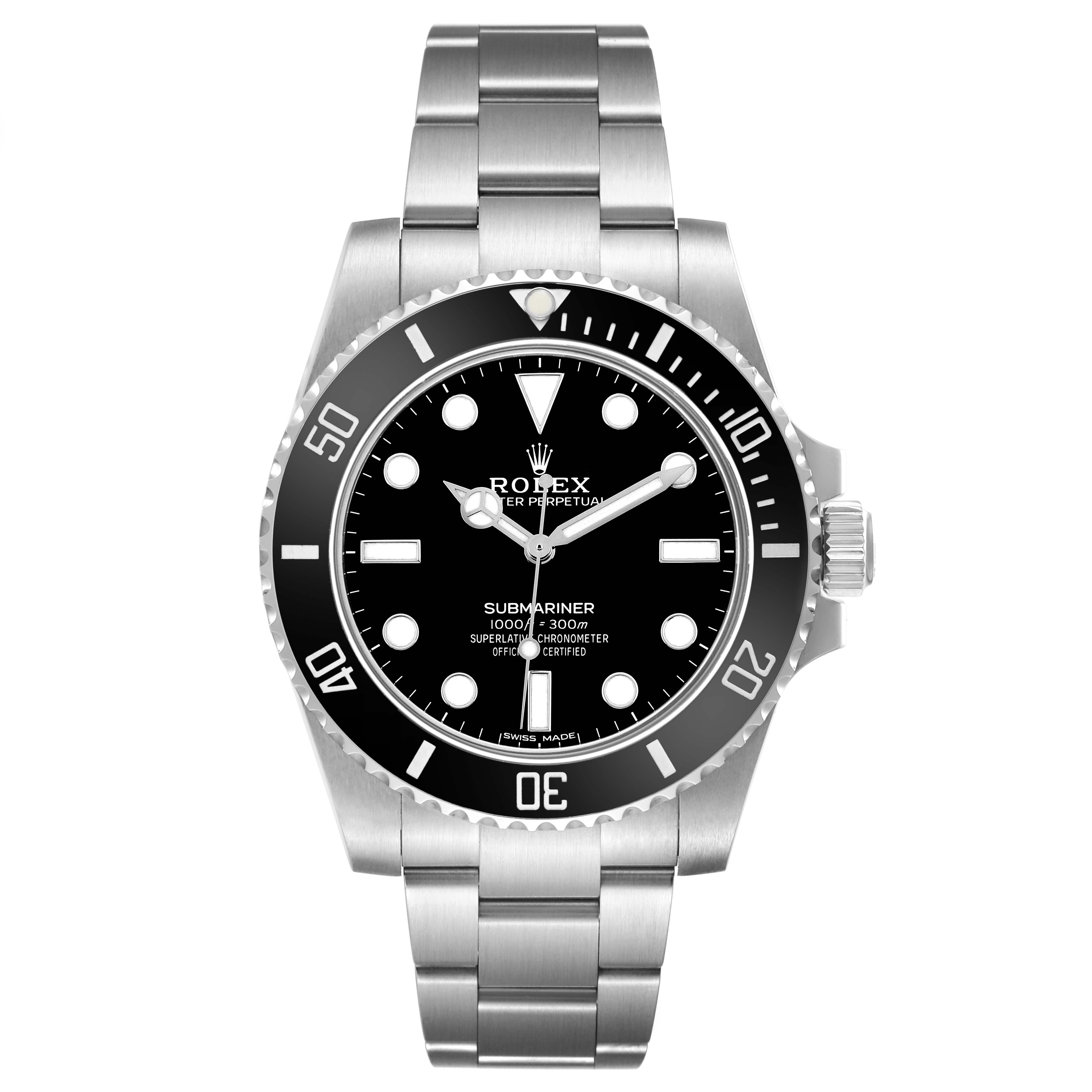 The Rolex Submariner 114060 Men's Stainless Steel Black Dial watch is shown from the front, displaying the dial, bezel, and stainless steel bracelet.