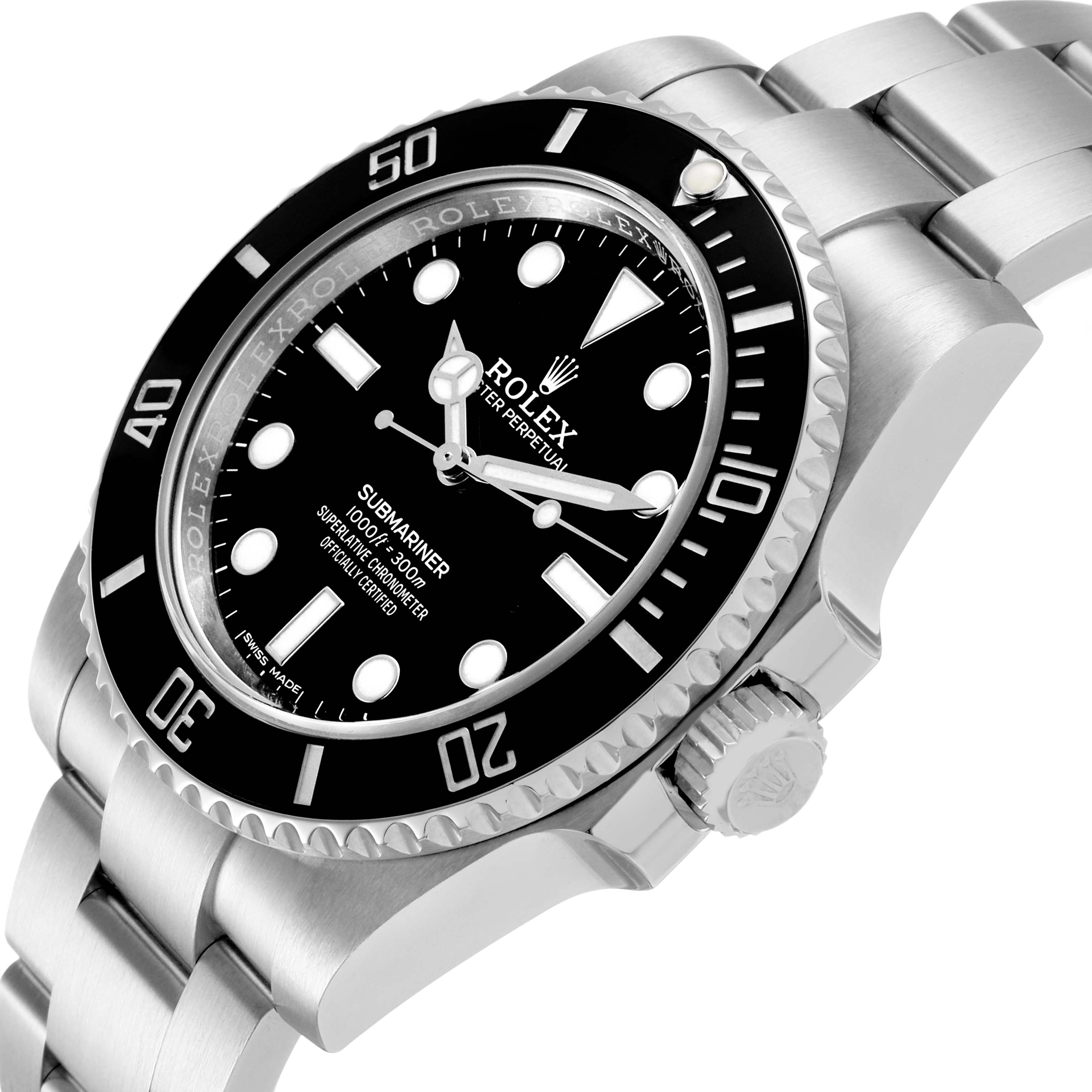 The Rolex Submariner 114060 Men's Stainless Steel Black Dial is shown at an angled close-up, highlighting the bezel, crown, and part of the bracelet.