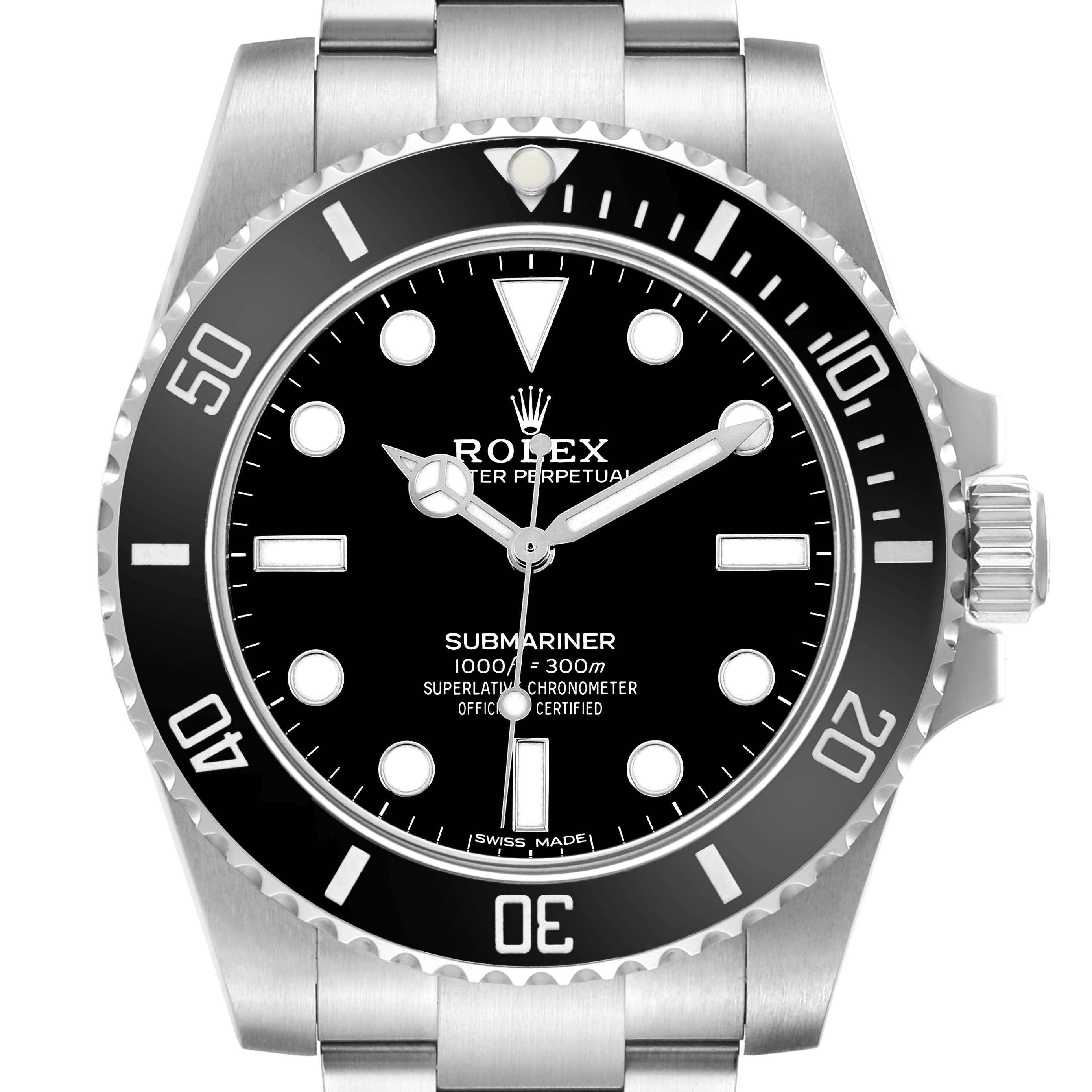 The image shows a front view of the Rolex Submariner 114060 Men's Stainless Steel Black Dial, highlighting its dial, bezel, and crown.
