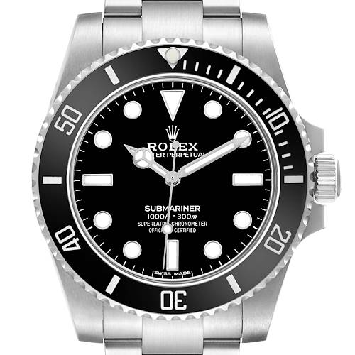 The Rolex Submariner 114060 Men's Stainless Steel Black Dial watch is shown from a front angle, highlighting the dial, bezel, crown, and part of the bracelet.