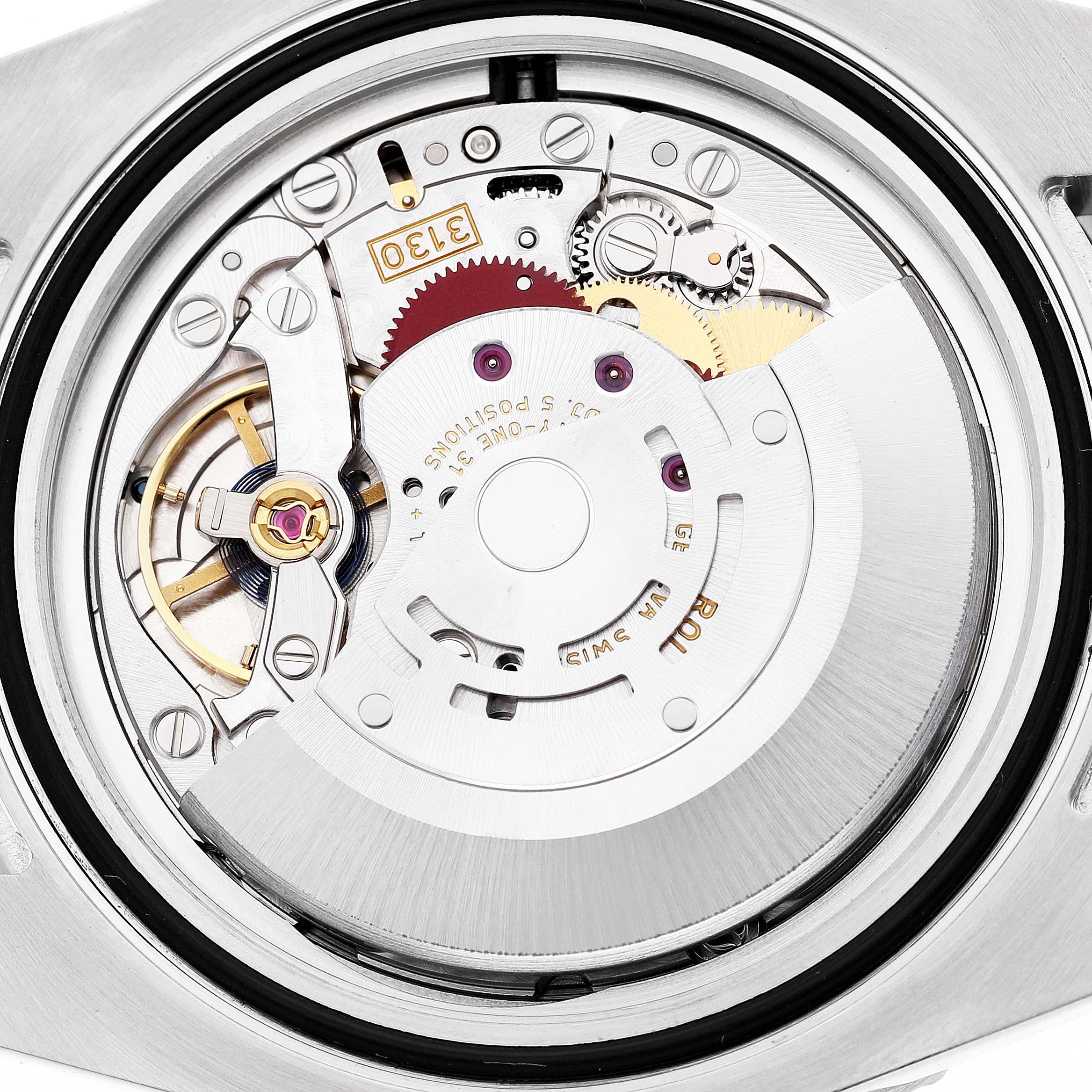 The image shows the movement of a Rolex Submariner 114060 Men's Stainless Steel Black Dial watch, highlighting gears and the oscillating weight from a top-down view.