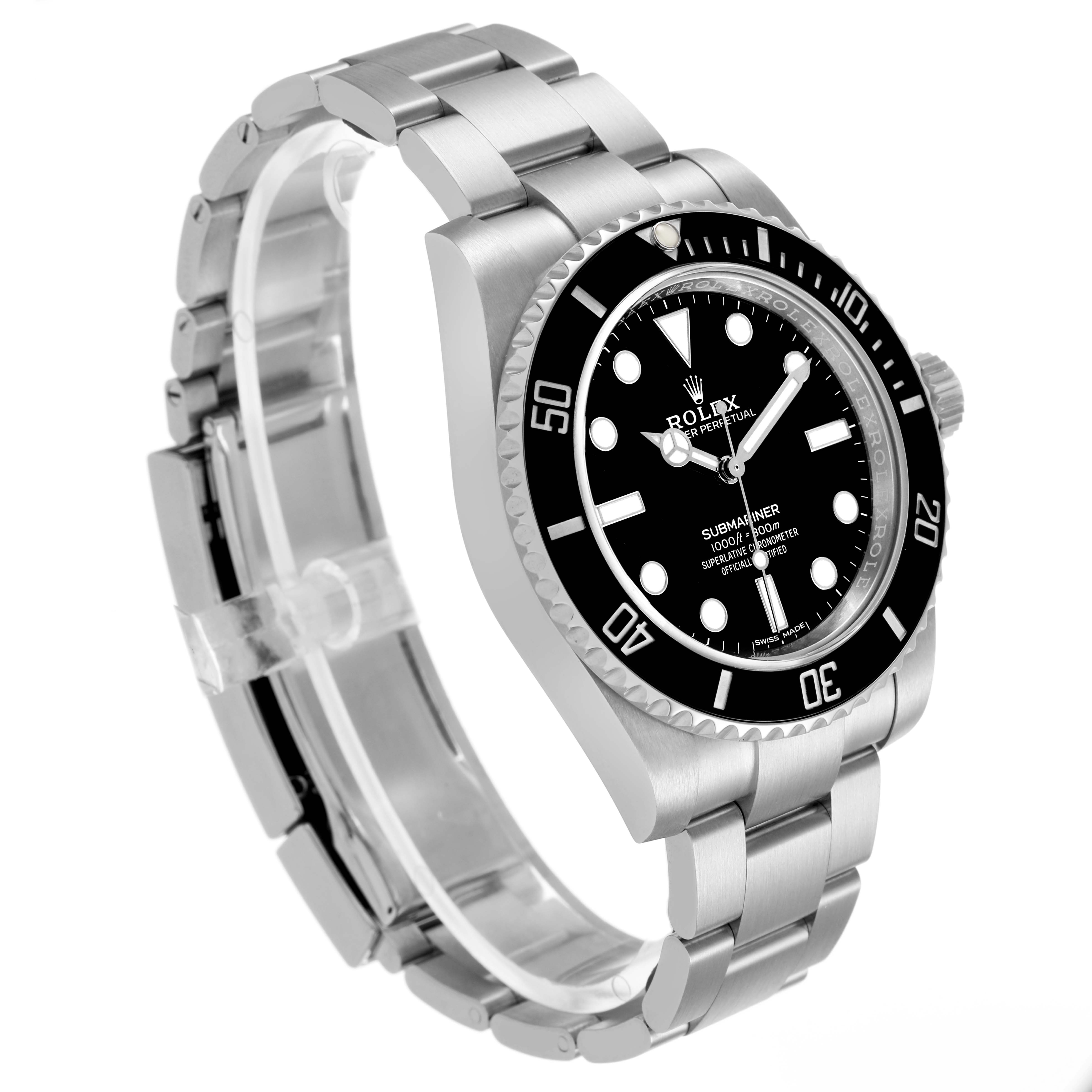The Rolex Submariner 114060 Men's Stainless Steel Black Dial watch is shown at a three-quarter angle, displaying the dial, bezel, crown, and bracelet.