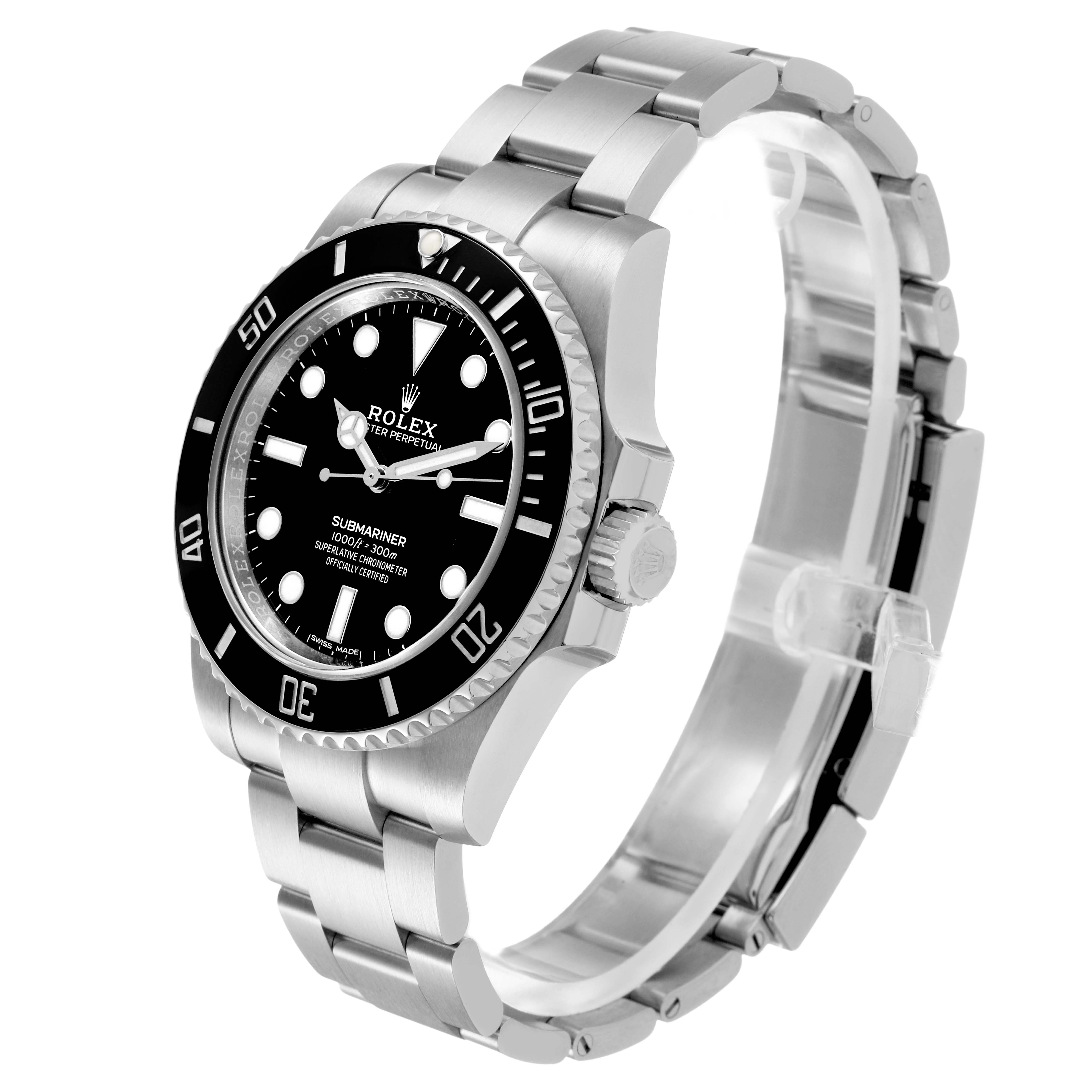 The image shows a side view of the Rolex Submariner 114060 Men's Stainless Steel Black Dial, highlighting the bezel, dial, crown, and bracelet.