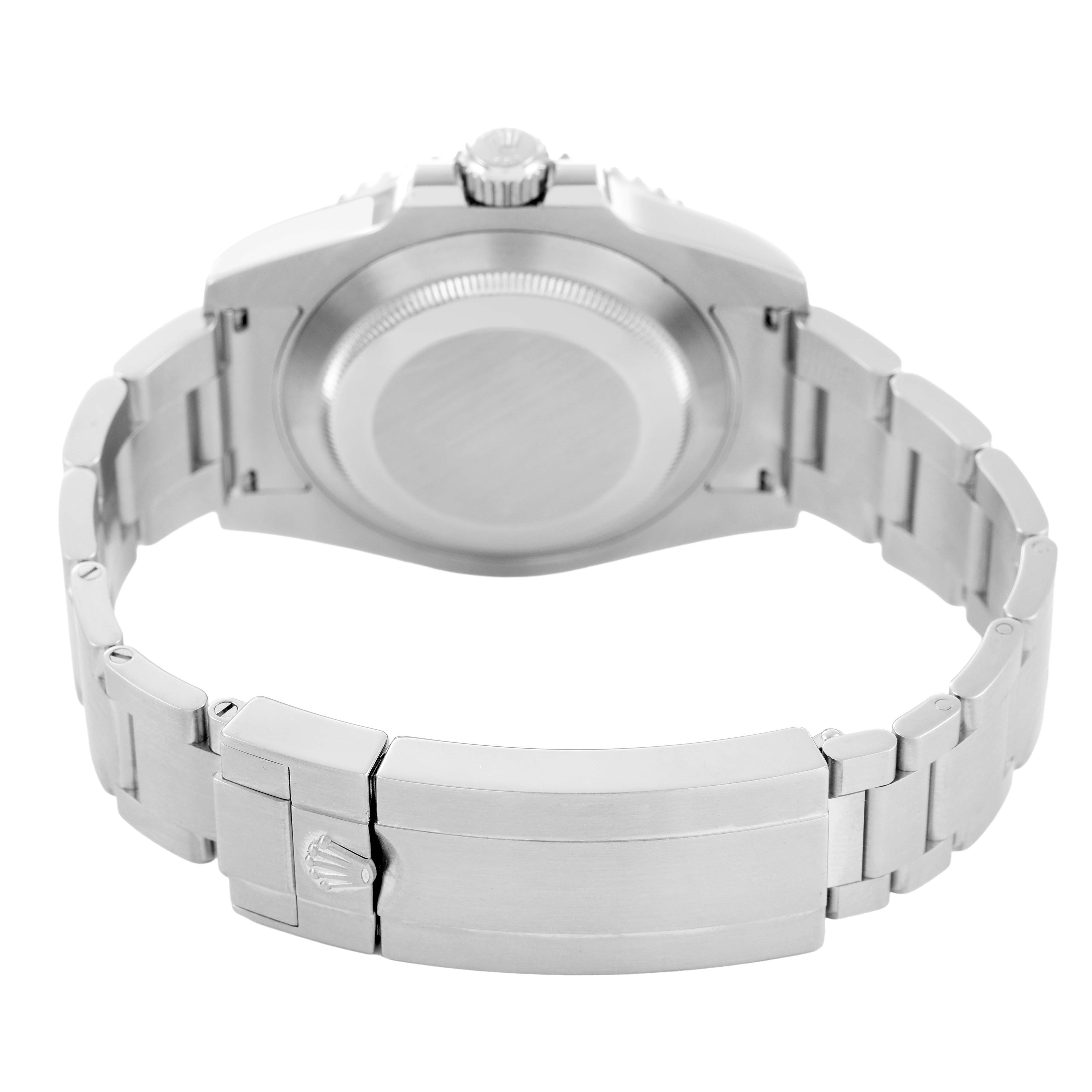 The image shows the back view of a Rolex Submariner 114060 Men's Stainless Steel Black Dial, featuring its case back and the bracelet with the clasp.