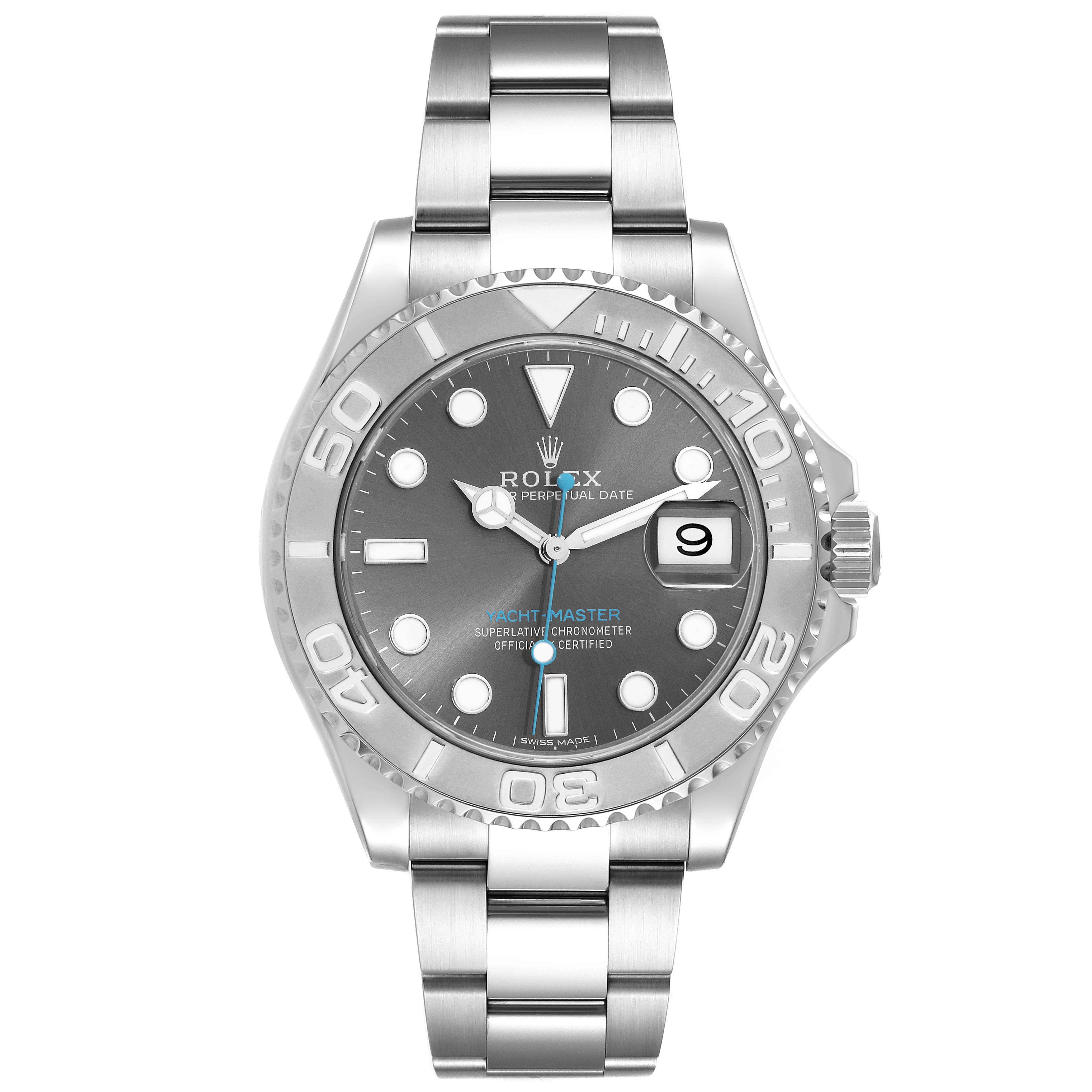 The image shows a head-on view of a Rolex Yacht-Master 116622 Men's Stainless Steel Grey Dial 116622 Men's Stainless Steel Grey Dial watch, highlighting the dial, bezel, and bracelet.