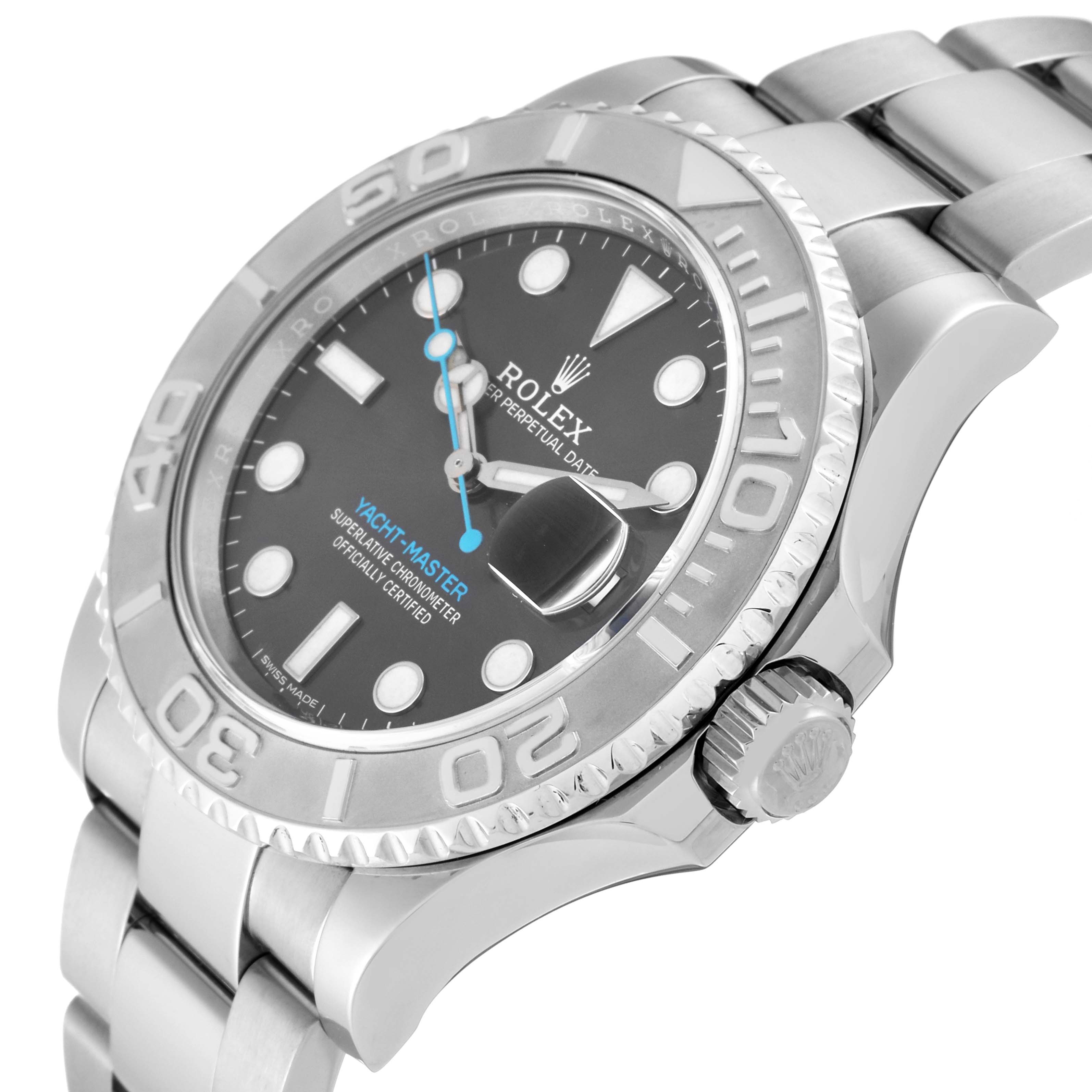 This image shows a Rolex Yacht-Master 116622 Men's Stainless Steel Grey Dial 116622 Men's Stainless Steel Grey Dial watch angled to display the dial, bezel, crown, and part of the bracelet.