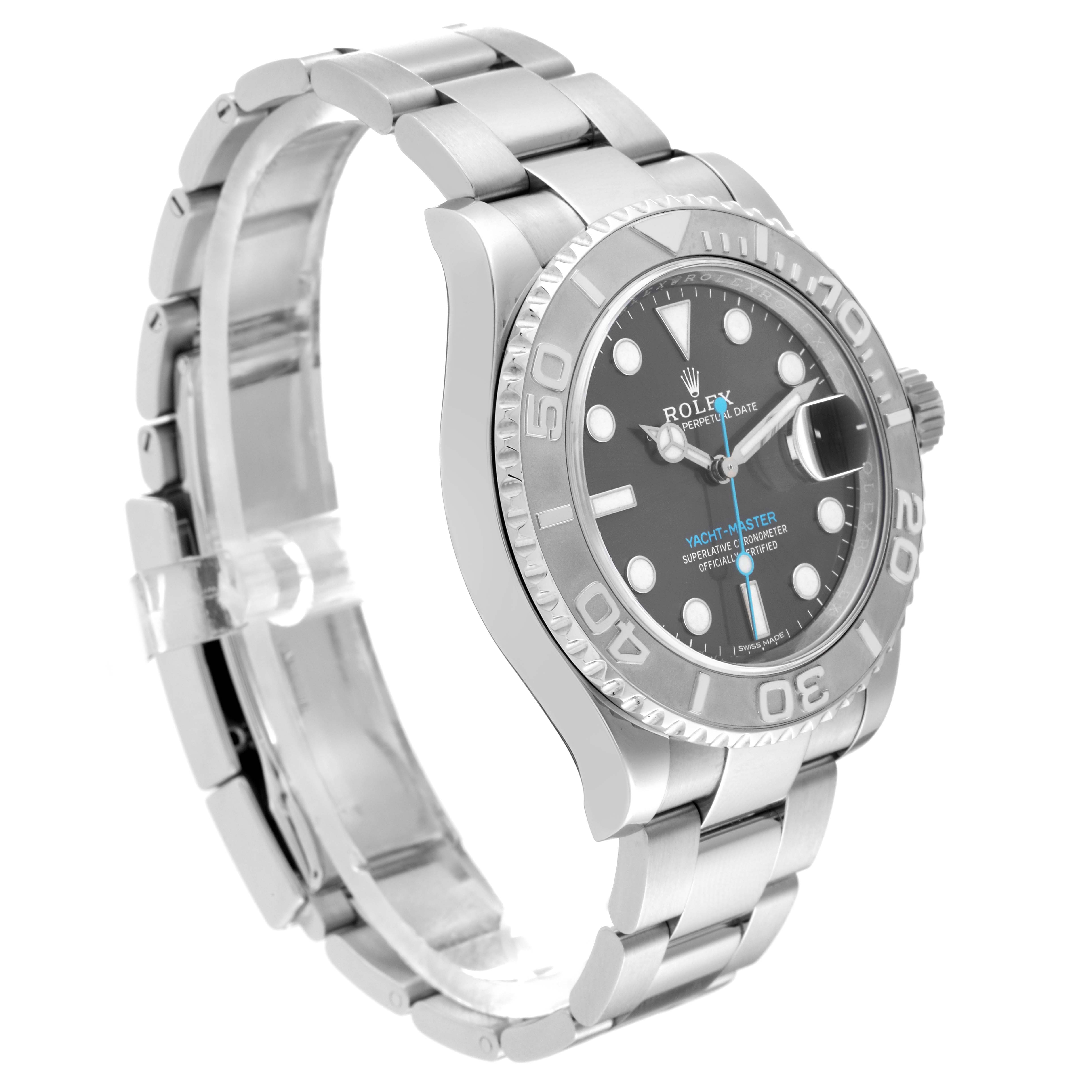 The image shows a side angle view of a Rolex Yacht-Master 116622 Men's Stainless Steel Grey Dial 116622 Men's Stainless Steel Grey Dial watch, highlighting the face, bezel, and bracelet.