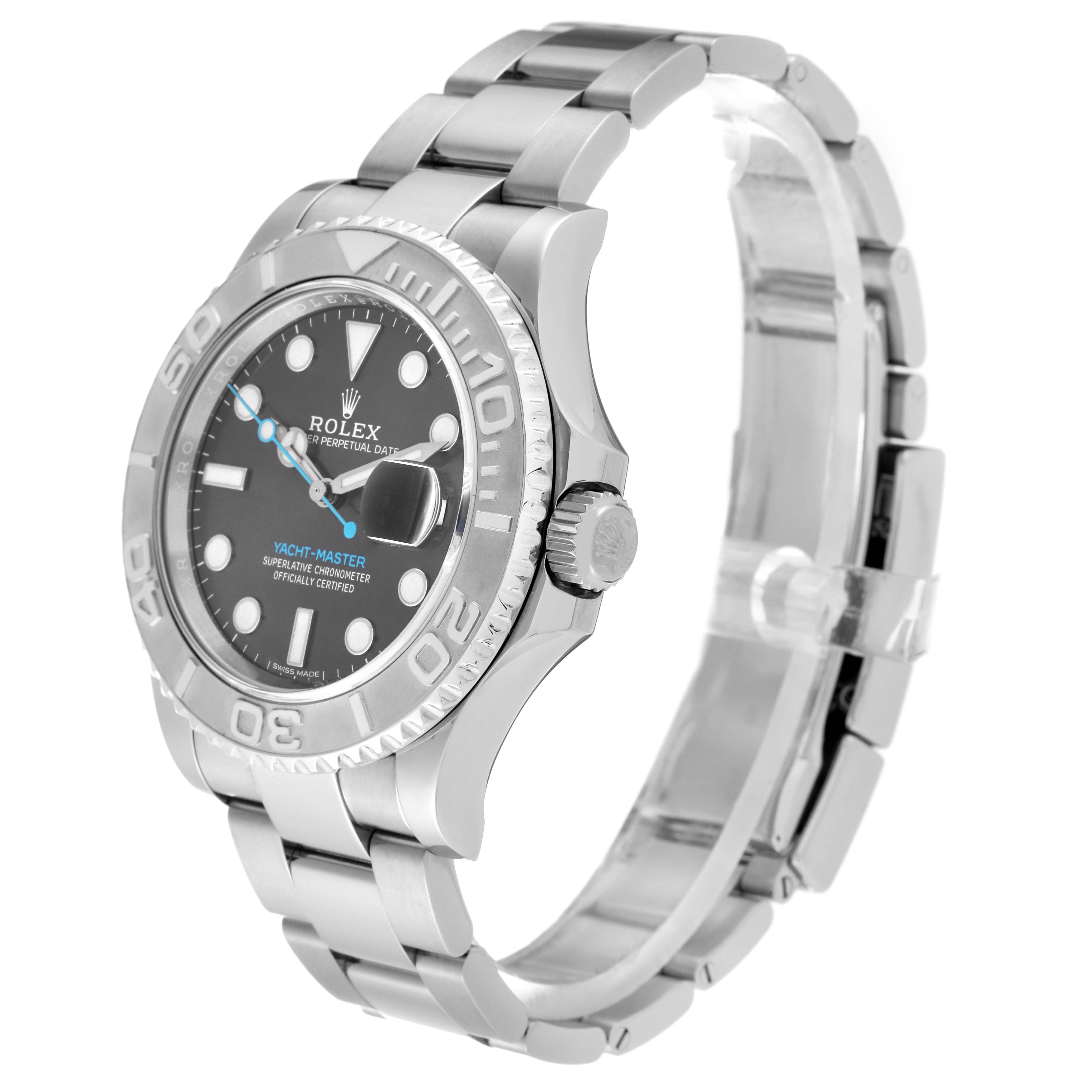 This image shows the Rolex Yacht-Master 116622 Men's Stainless Steel Grey Dial 116622 Men's Stainless Steel Grey Dial watch at a side-angle, displaying the face, bezel, crown, and bracelet.