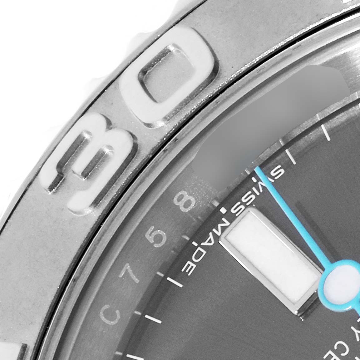 The close-up angle shows the bezel, part of the dial, and the second hand of the Rolex Yacht-Master 116622 Men's Stainless Steel Grey Dial 116622 Men's Stainless Steel Grey Dial watch.