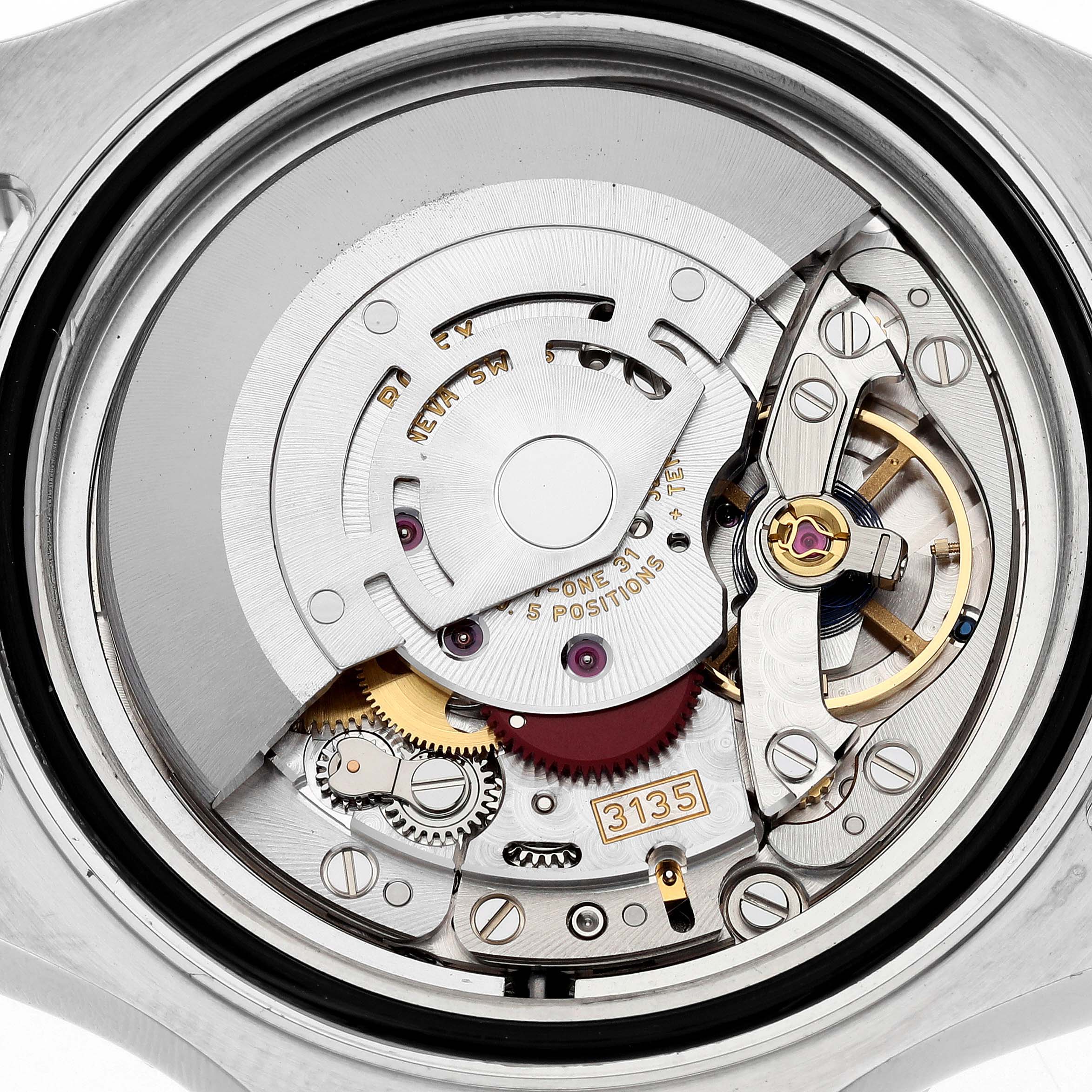 The image shows the inner mechanical movement (caliber 3135) of a Rolex Yacht-Master 116622 Men's Stainless Steel Grey Dial 116622 Men's Stainless Steel Grey Dial watch from a close-up angle.