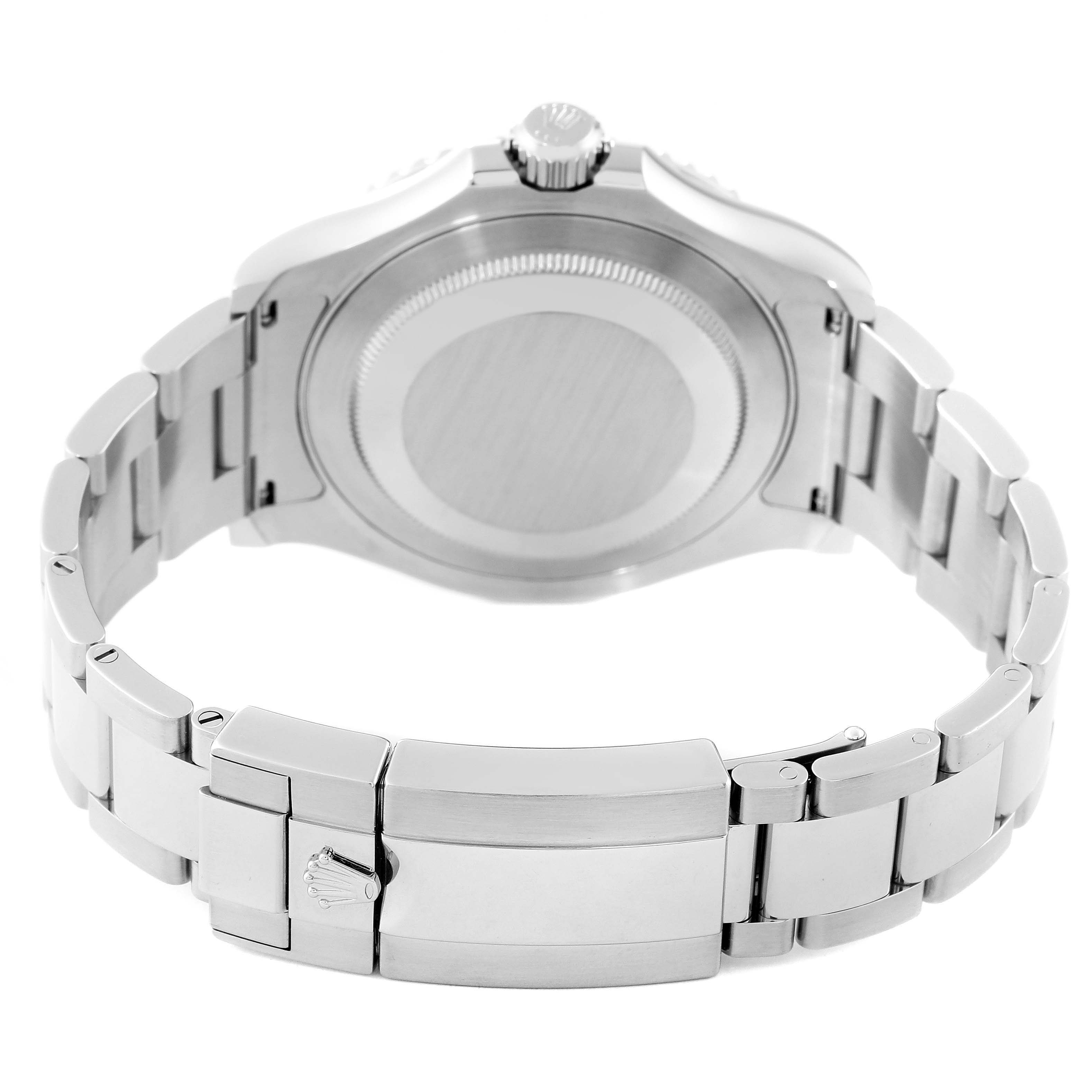 The image shows the back view of a Rolex Yacht-Master 116622 Men's Stainless Steel Grey Dial 116622 Men's Stainless Steel Grey Dial watch, highlighting its clasp and bracelet.