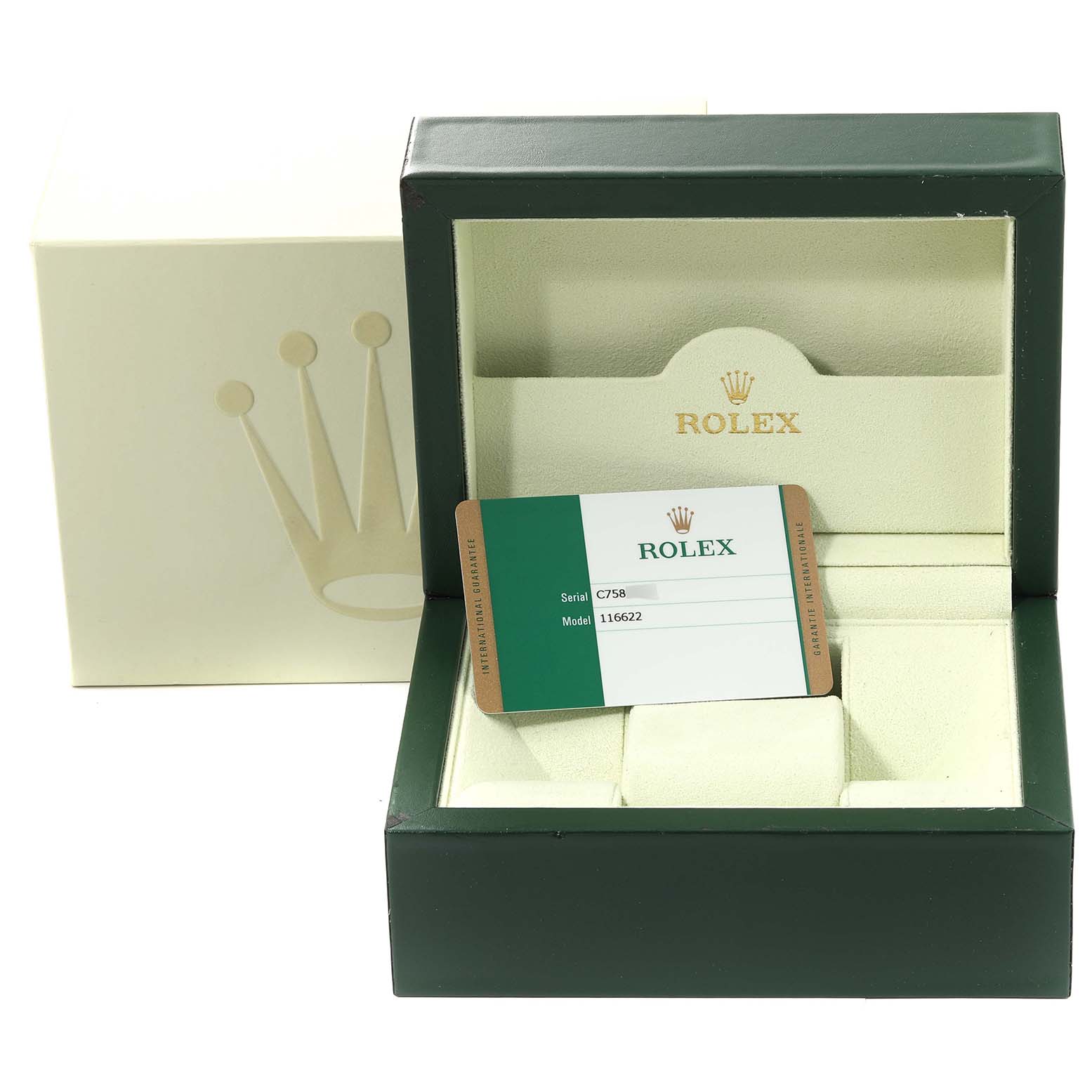 This image shows the box and certificate for a Rolex Yacht-Master 116622 Men's Stainless Steel Grey Dial 116622 Men's Stainless Steel Grey Dial watch, model 116622.