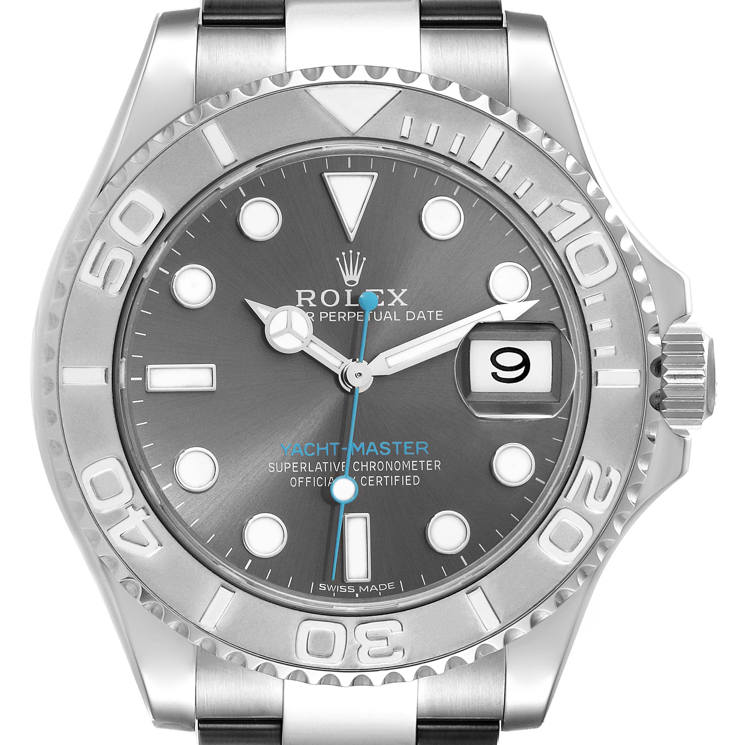 This Rolex Yacht-Master 116622 Men's Stainless Steel Grey Dial 116622 Men's Stainless Steel Grey Dial watch is shown from a front angle, displaying the bezel, dial, hands, date window, and part of the bracelet.