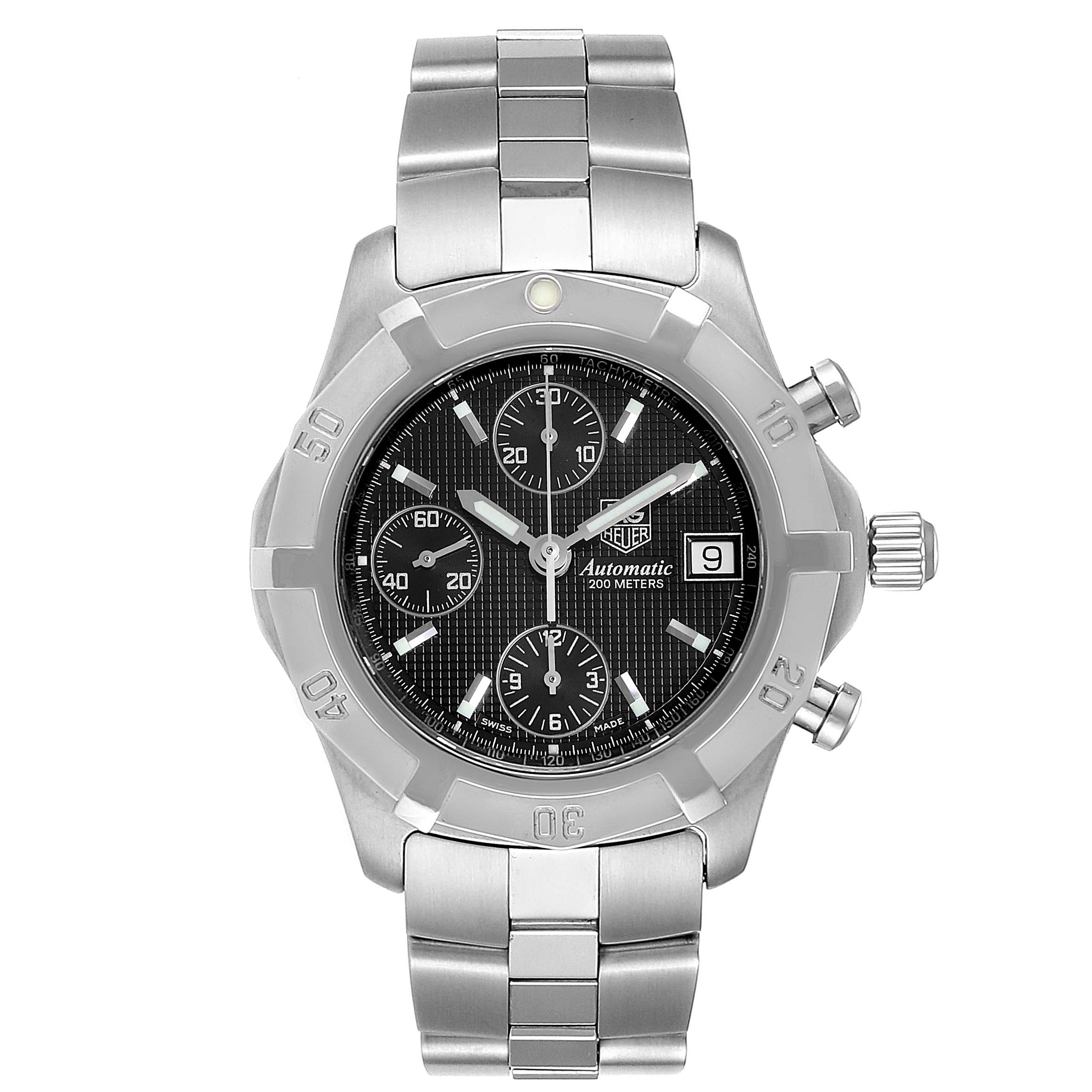 The image shows a front view of the Tag Heuer Aquaracer CN2111.BA0361 Men
s Stainless Steel Black Dial CN2111.BA0361 Men
s Stainless Steel Black Dial watch, highlighting its face, dial, bezel, chronograph subdials, and bracelet.