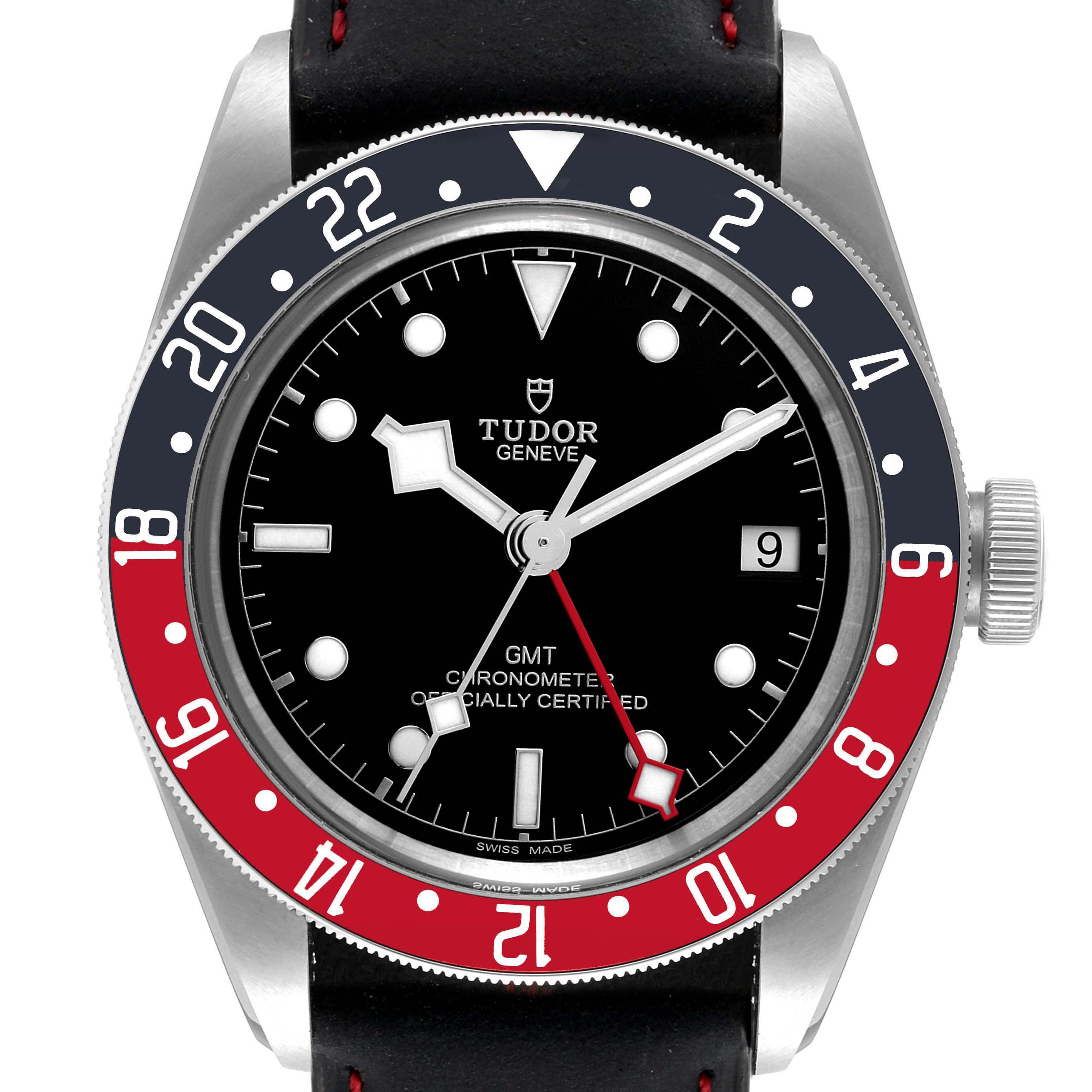 The image shows the front view of the Tudor Heritage Black Bay 79830RB Men's Stainless Steel Black Dial 79830RB Men's Stainless Steel Black Dial GMT watch, displaying the dial, bezel, and crown.