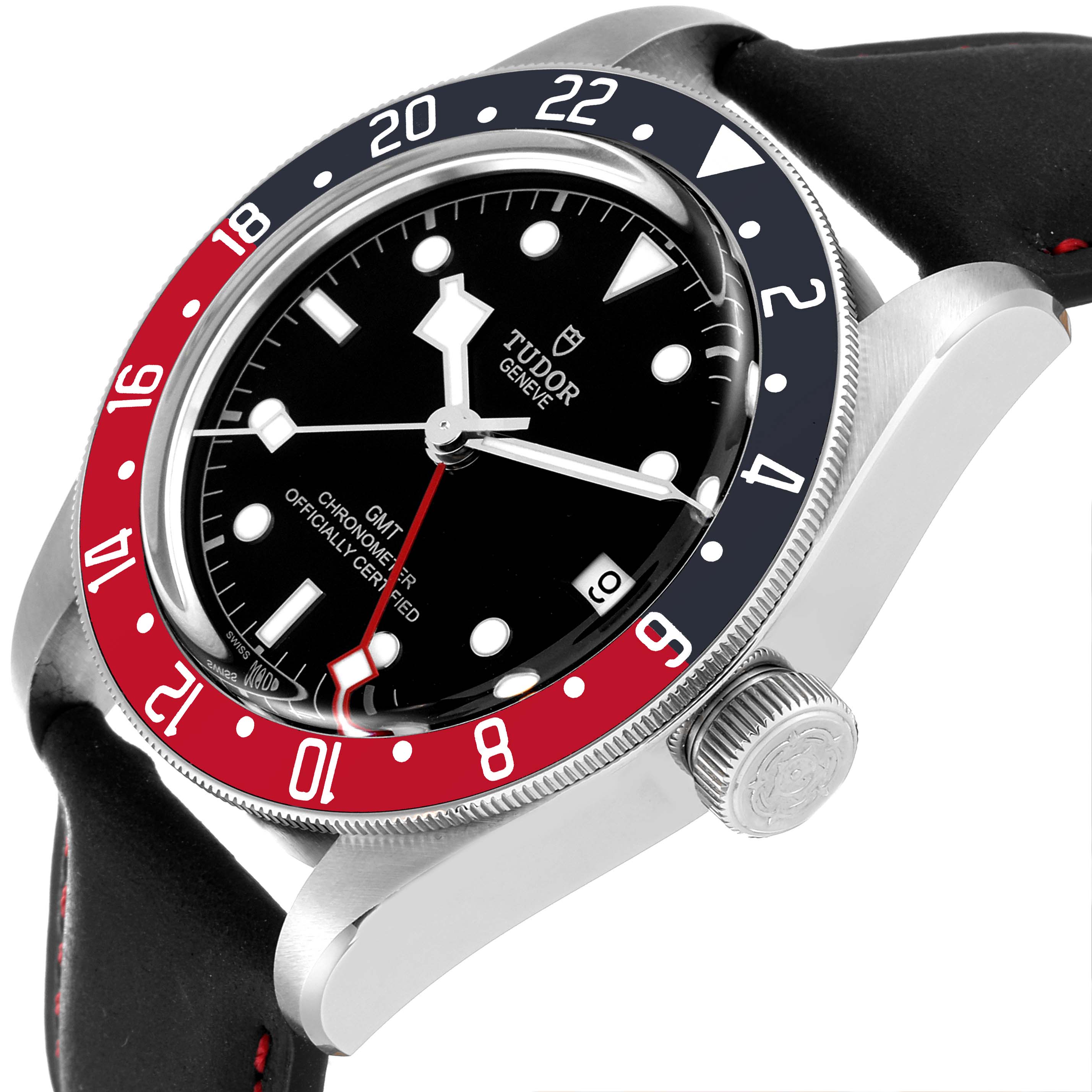 This is a close-up angled view of the Tudor Heritage Black Bay 79830RB Men's Stainless Steel Black Dial 79830RB Men's Stainless Steel Black Dial watch, showcasing its bezel, dial, and crown.