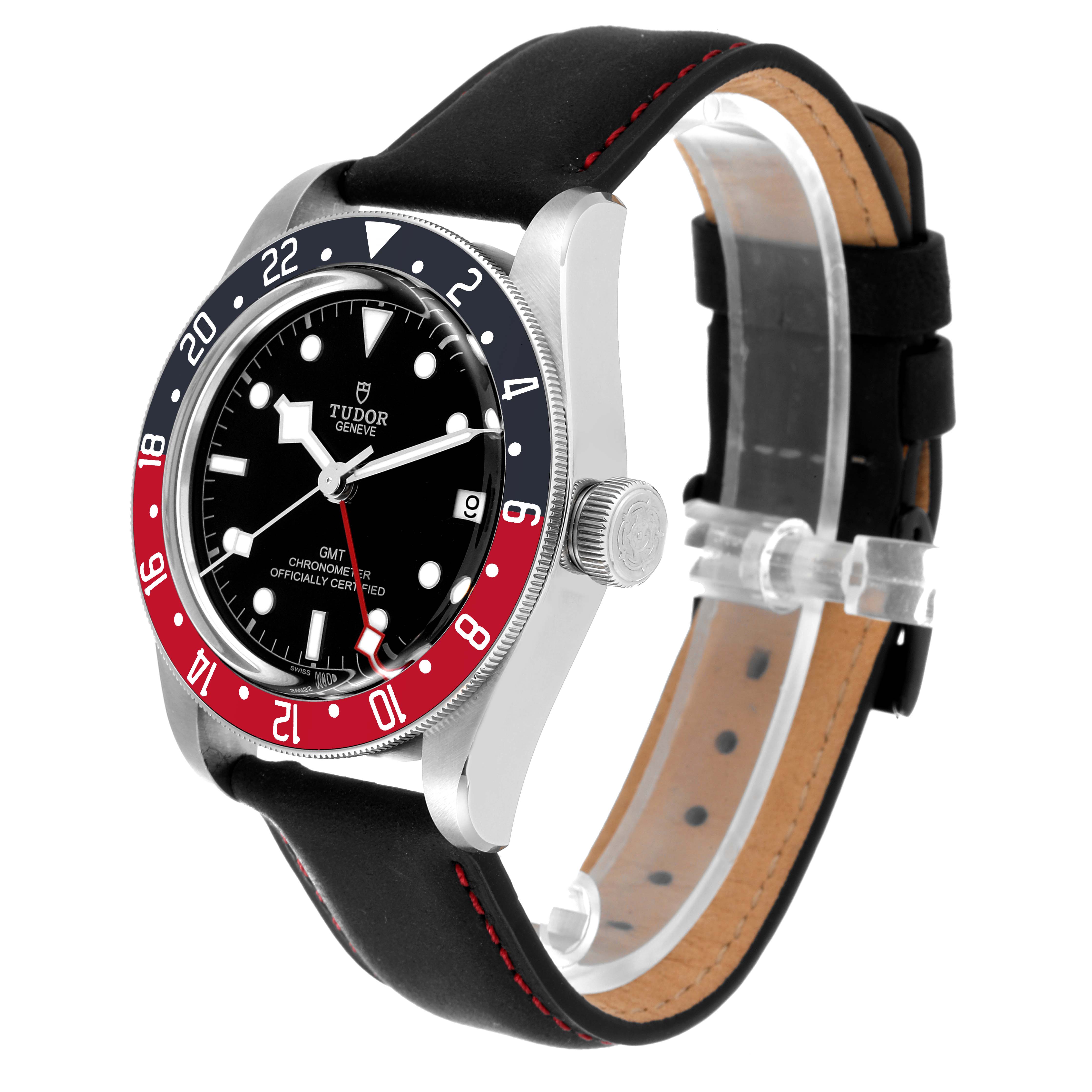The Tudor Heritage Black Bay 79830RB Men's Stainless Steel Black Dial 79830RB Men's Stainless Steel Black Dial watch is shown at a three-quarter angle, highlighting its face, bezel, crown, and band.