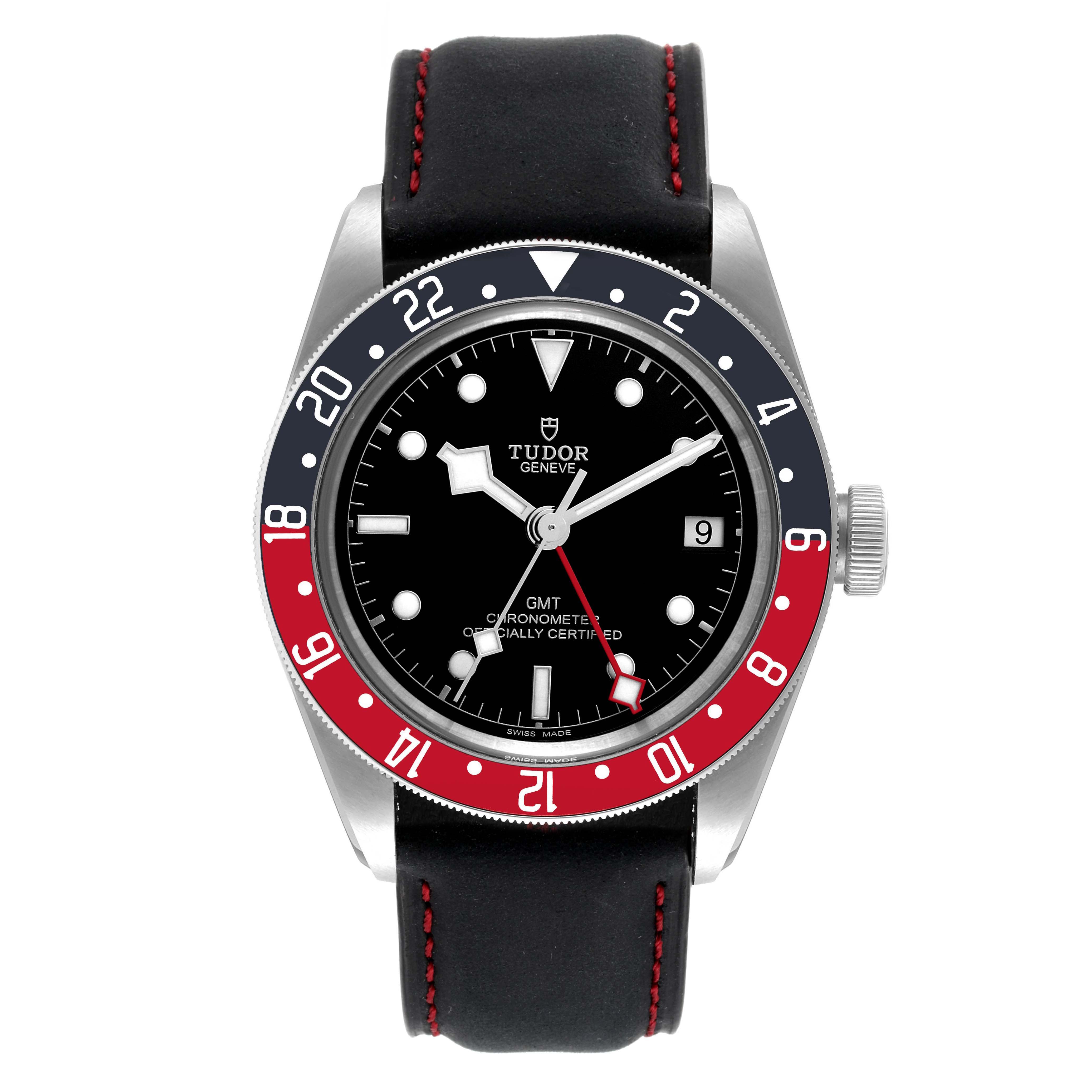This is a front view of the Tudor Heritage Black Bay 79830RB Men's Stainless Steel Black Dial 79830RB Men's Stainless Steel Black Dial watch featuring a two-tone red and blue bezel, black dial, and leather strap.
