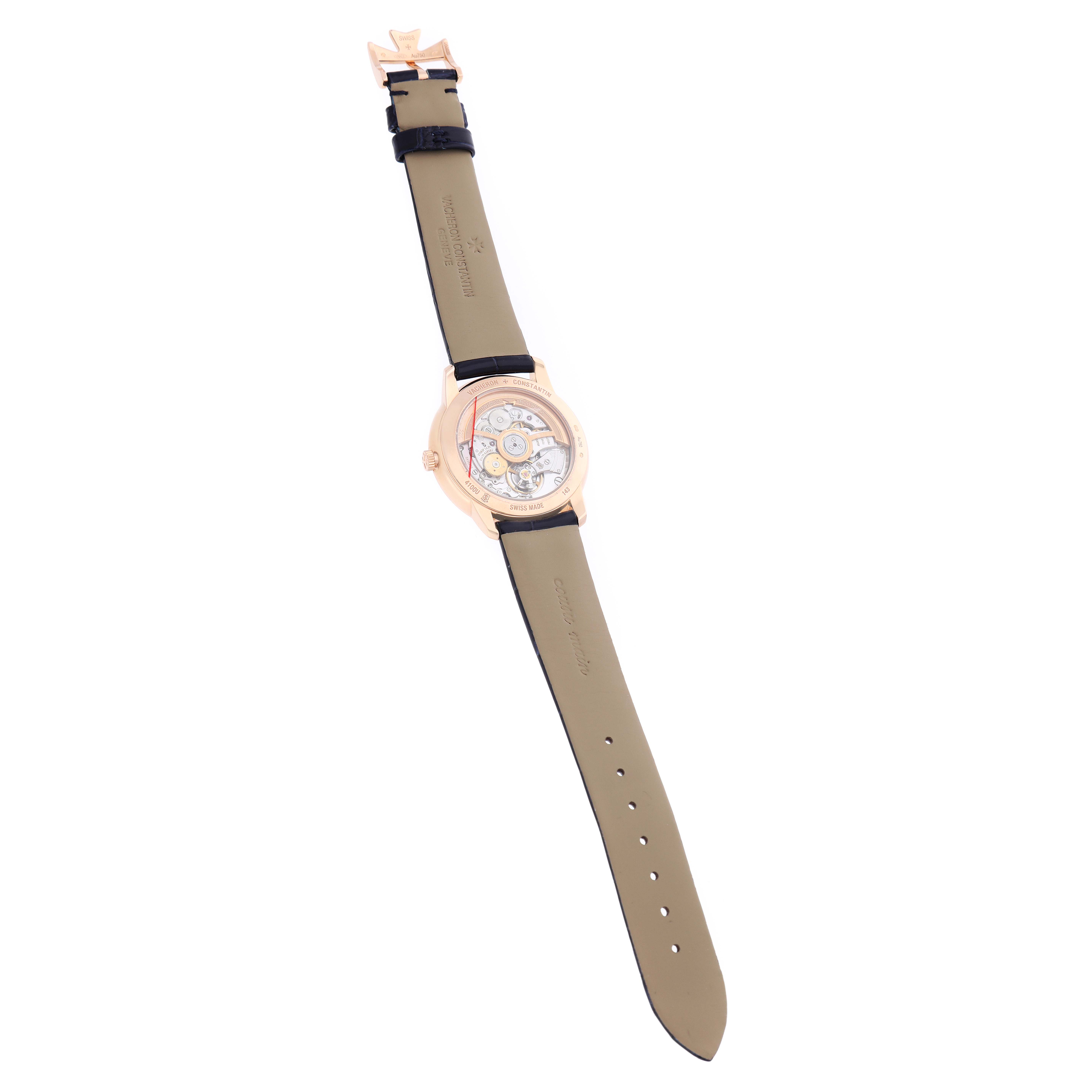 The Vacheron Constantin Patrimony 4100U Men's Rose Gold Blue Dial watch is shown from the back, displaying the movement and entire strap.