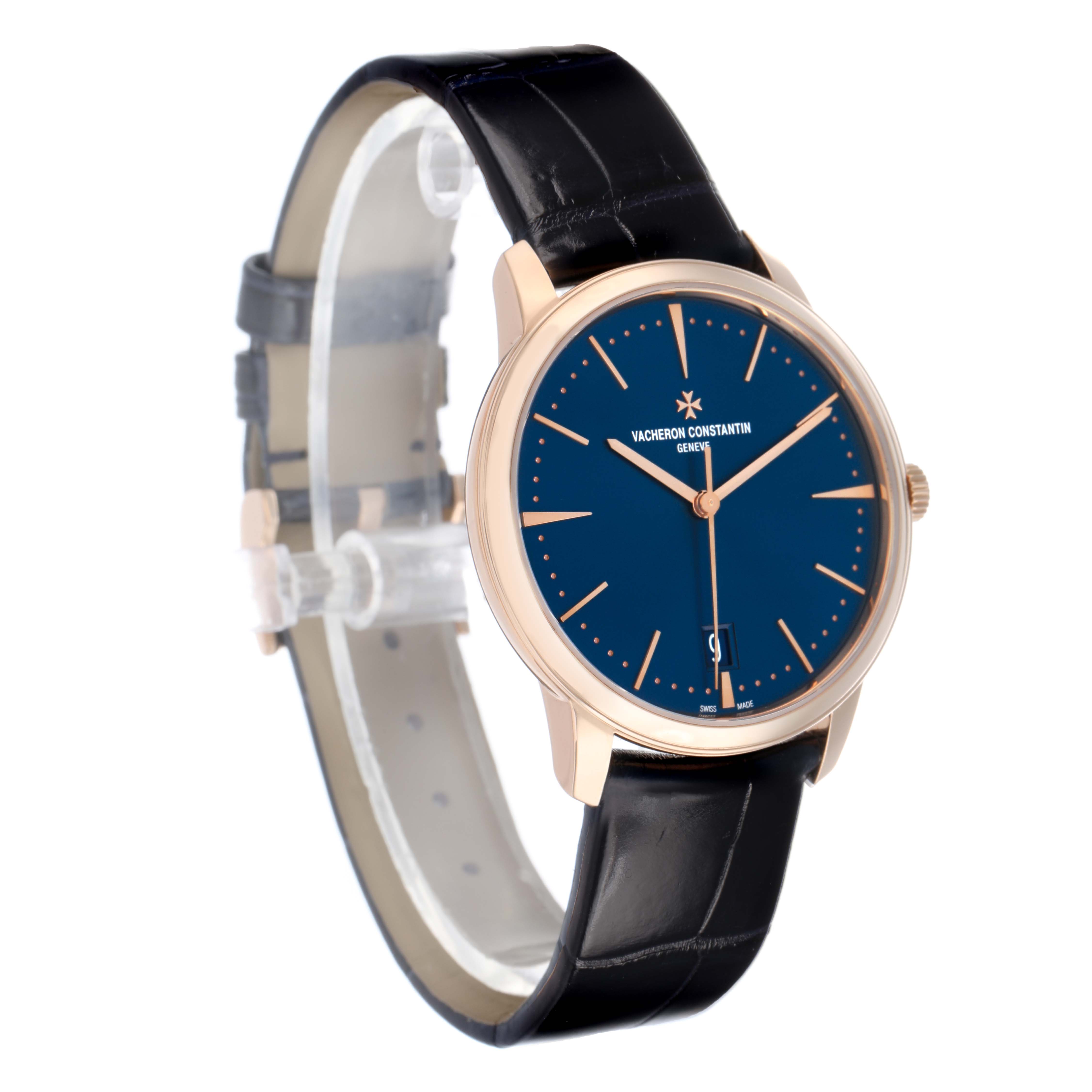 The Vacheron Constantin Patrimony 4100U Men's Rose Gold Blue Dial watch is shown at a slight angled view, highlighting the face, case, and strap.