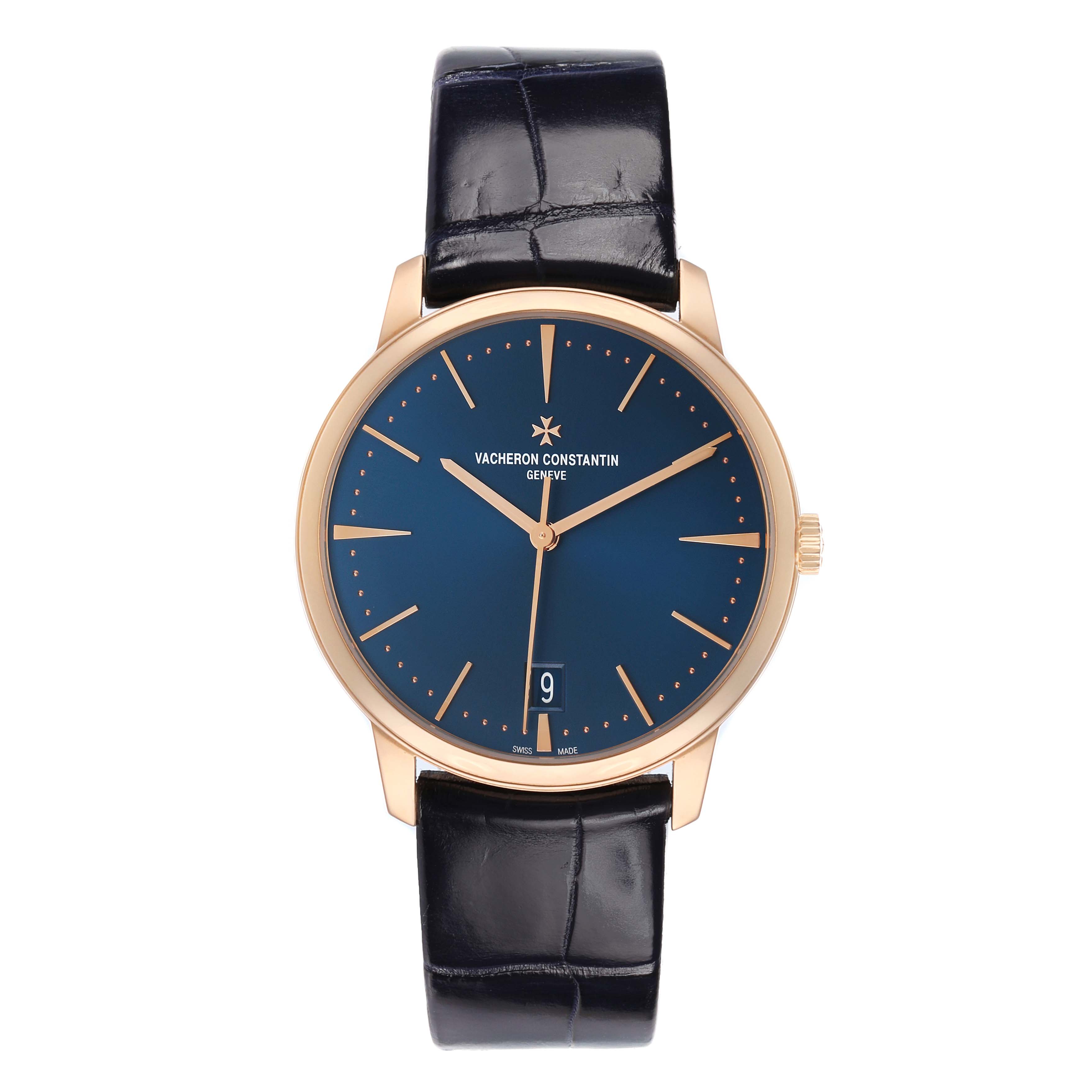The image shows a Vacheron Constantin Patrimony 4100U Men's Rose Gold Blue Dial watch from a front view, highlighting the dial, case, hands, and strap.