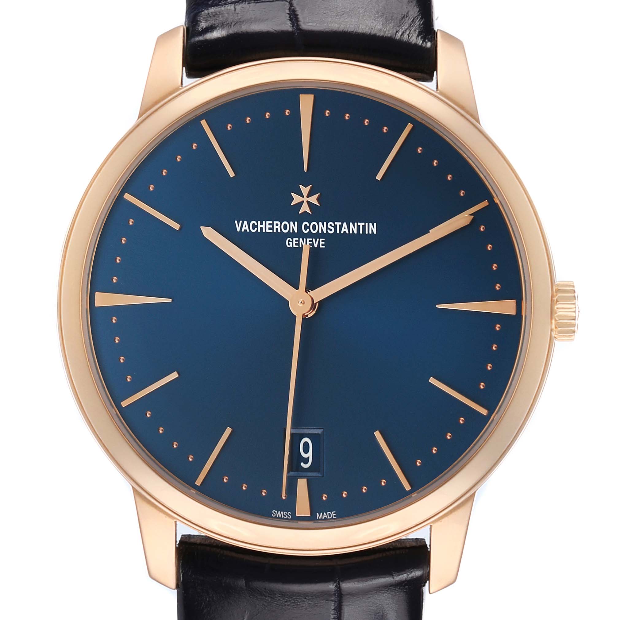 The Vacheron Constantin Patrimony 4100U Men's Rose Gold Blue Dial watch is shown from the front, highlighting its dial, hands, indices, and date window.