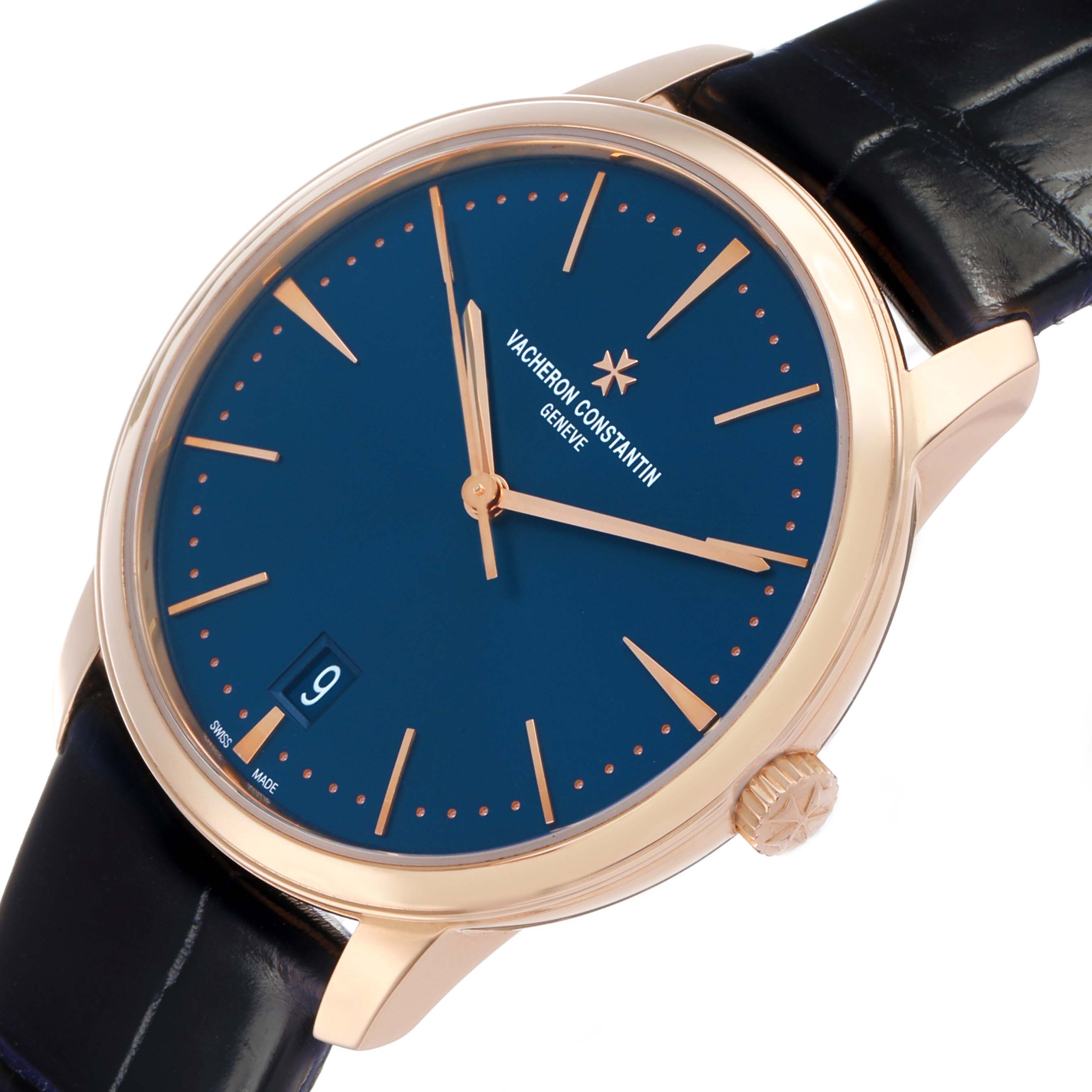 The Vacheron Constantin Patrimony 4100U Men's Rose Gold Blue Dial watch is shown at a slight angle, highlighting the blue dial, rose gold case, crown, and black leather strap.