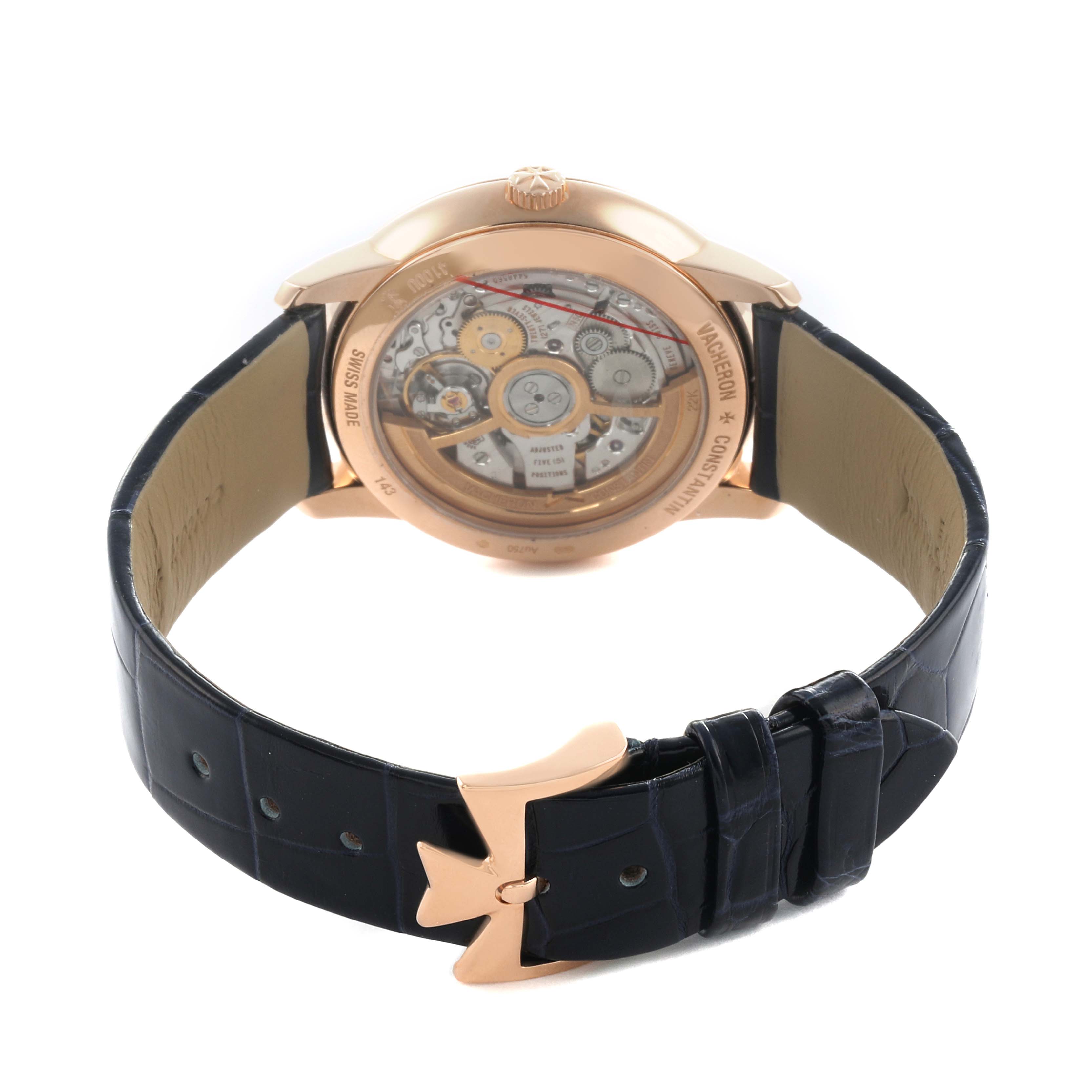 The Vacheron Constantin Patrimony 4100U Men's Rose Gold Blue Dial watch is shown from the back, highlighting its transparent case back and movement, with a visible strap and clasp.