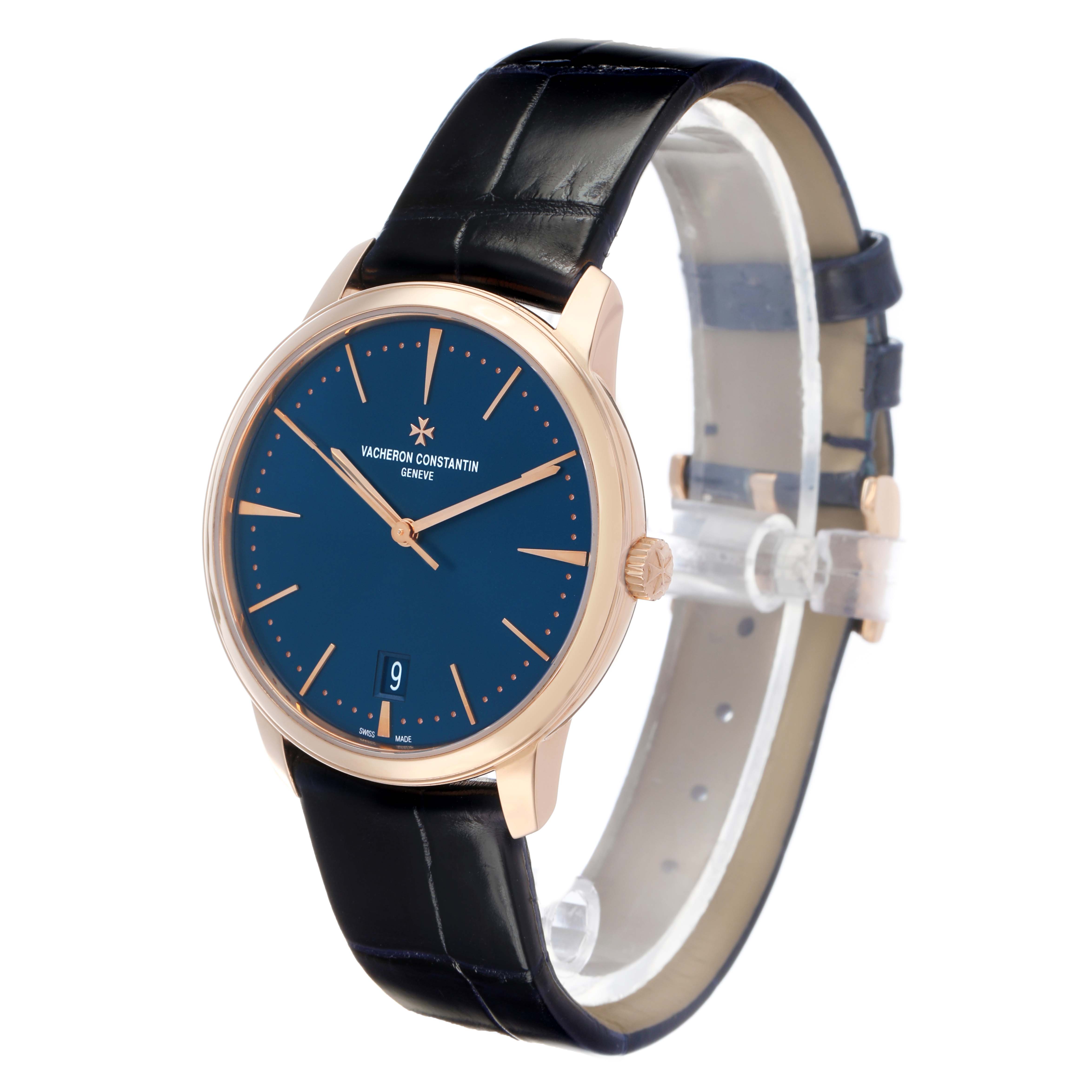 The Vacheron Constantin Patrimony 4100U Men's Rose Gold Blue Dial watch is shown at a three-quarter angle, highlighting its dial, hands, case, and strap.