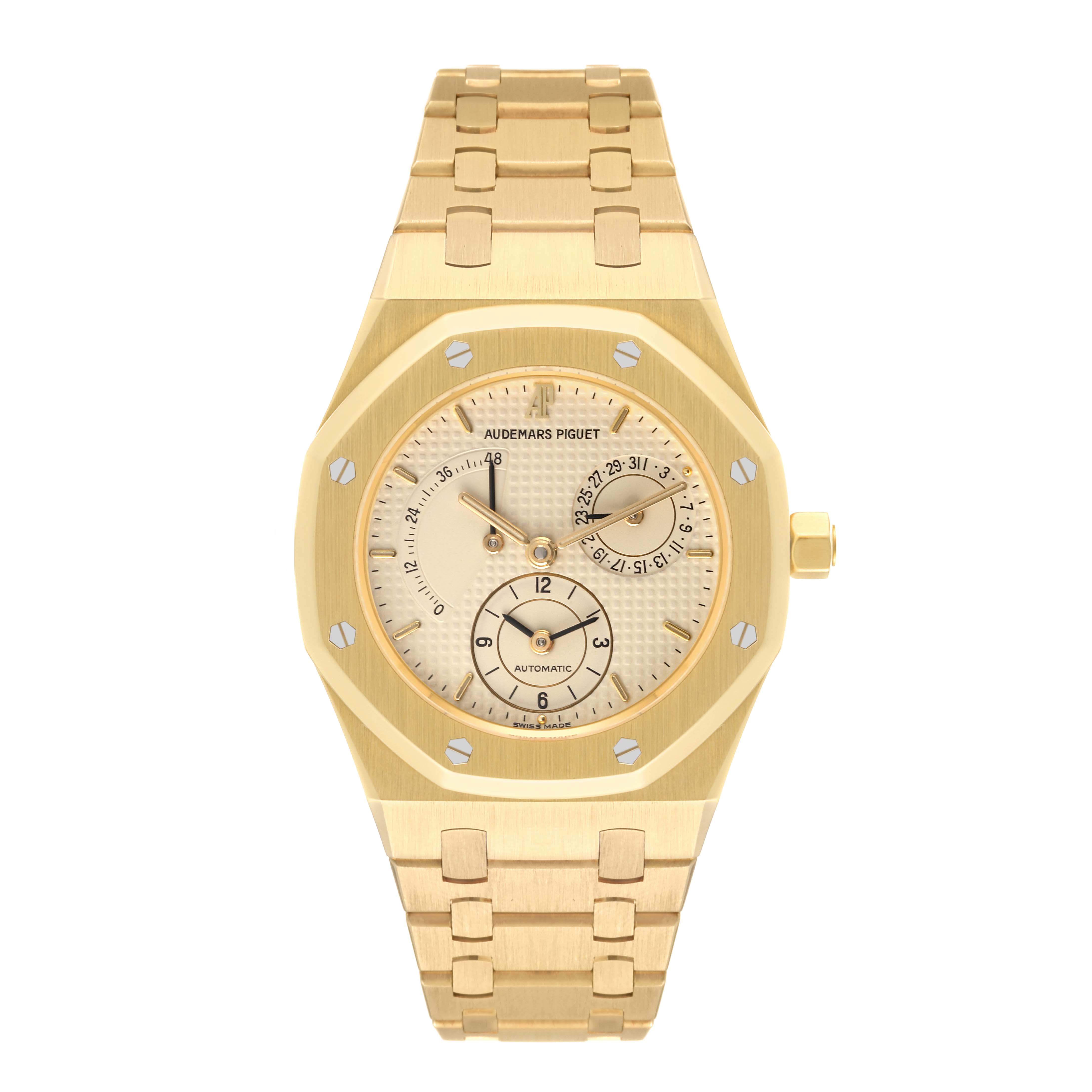 This image shows a front view of an Audemars Piguet Royal Oak 25730BA Men
s Yellow Gold Silver Dial 25730BA Men
s Yellow Gold Silver Dial watch, highlighting its gold bracelet, dial, and bezel.