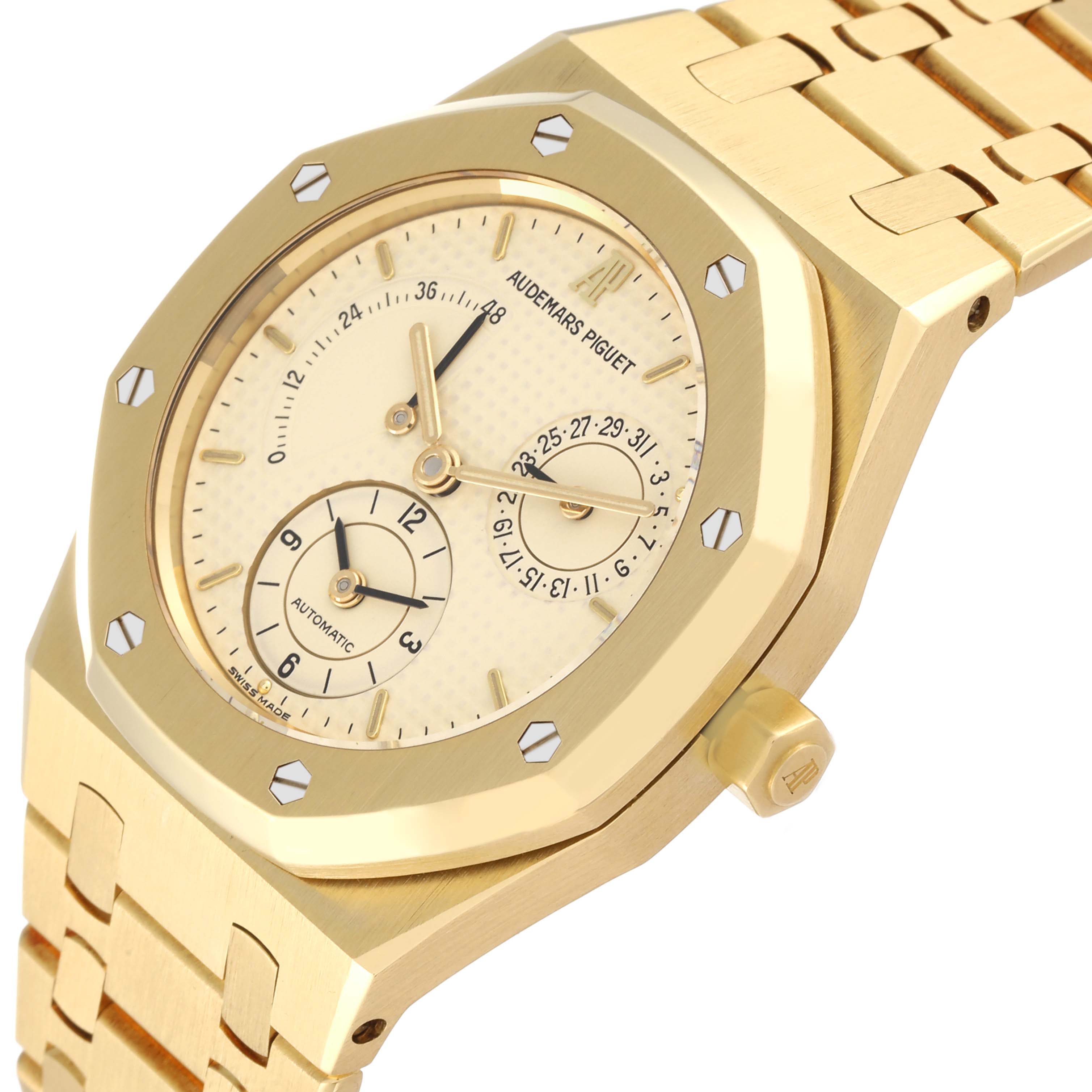 The image shows a side view of an Audemars Piguet Royal Oak 25730BA Men
s Yellow Gold Silver Dial 25730BA Men
s Yellow Gold Silver Dial, highlighting the watch face, bezel, and part of the bracelet.