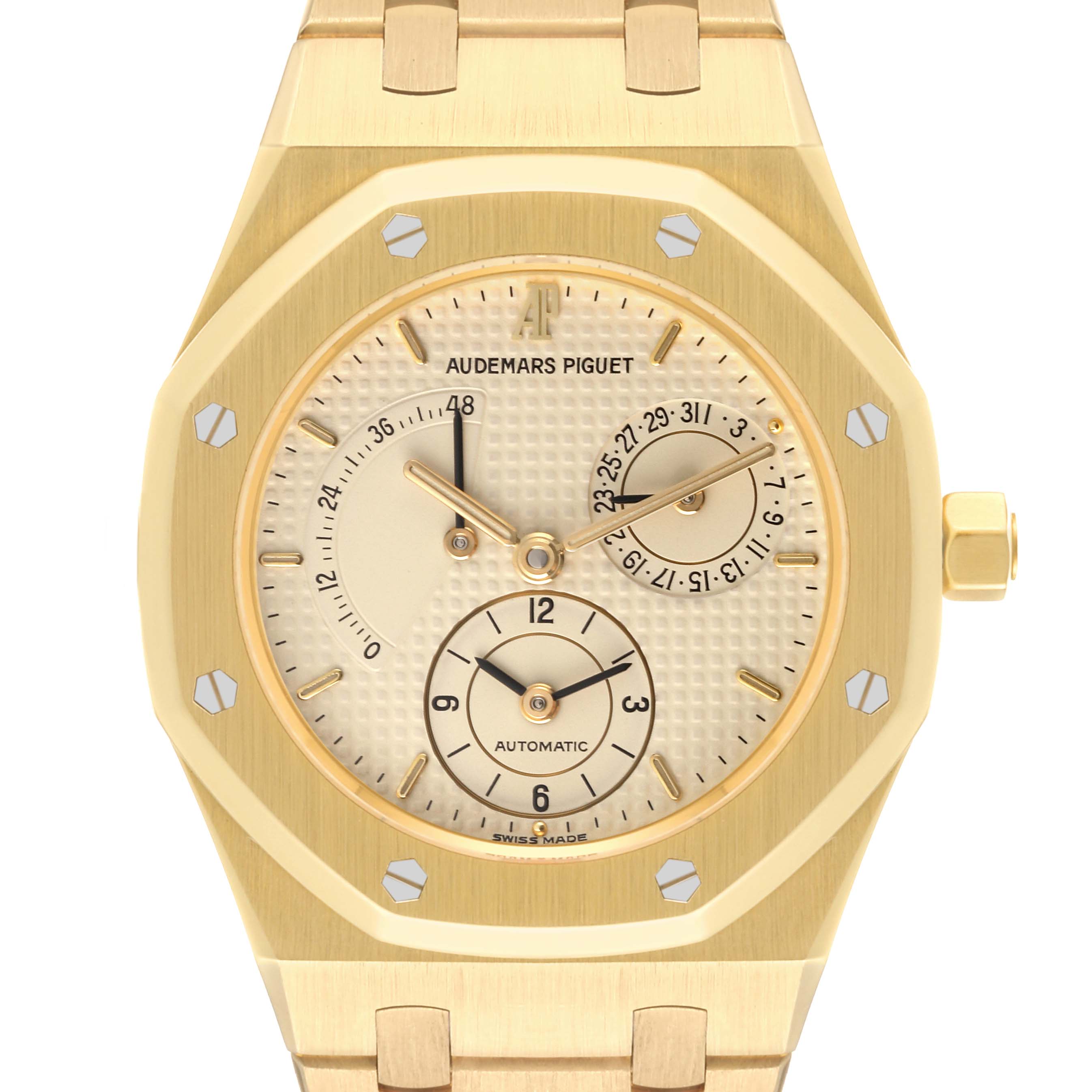 The image shows a frontal view of a Royal Oak model by Audemars Piguet, displaying its dial, bezel, and part of the bracelet.