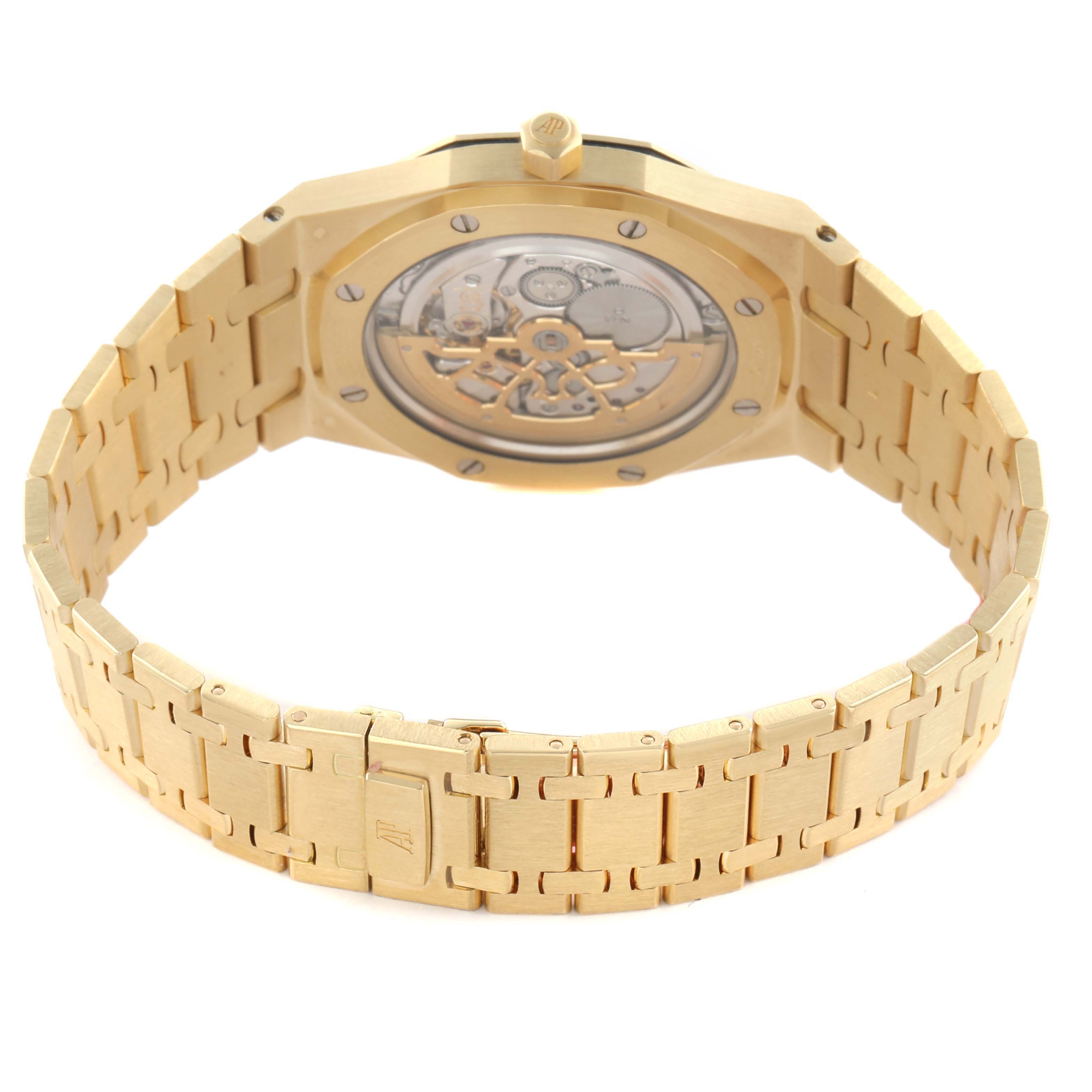 The image shows the back view of an Audemars Piguet Royal Oak 15202BA.OO.0944BA.01 Men's Yellow Gold White Dial, highlighting the bracelet and the transparent case back with its movement visible.