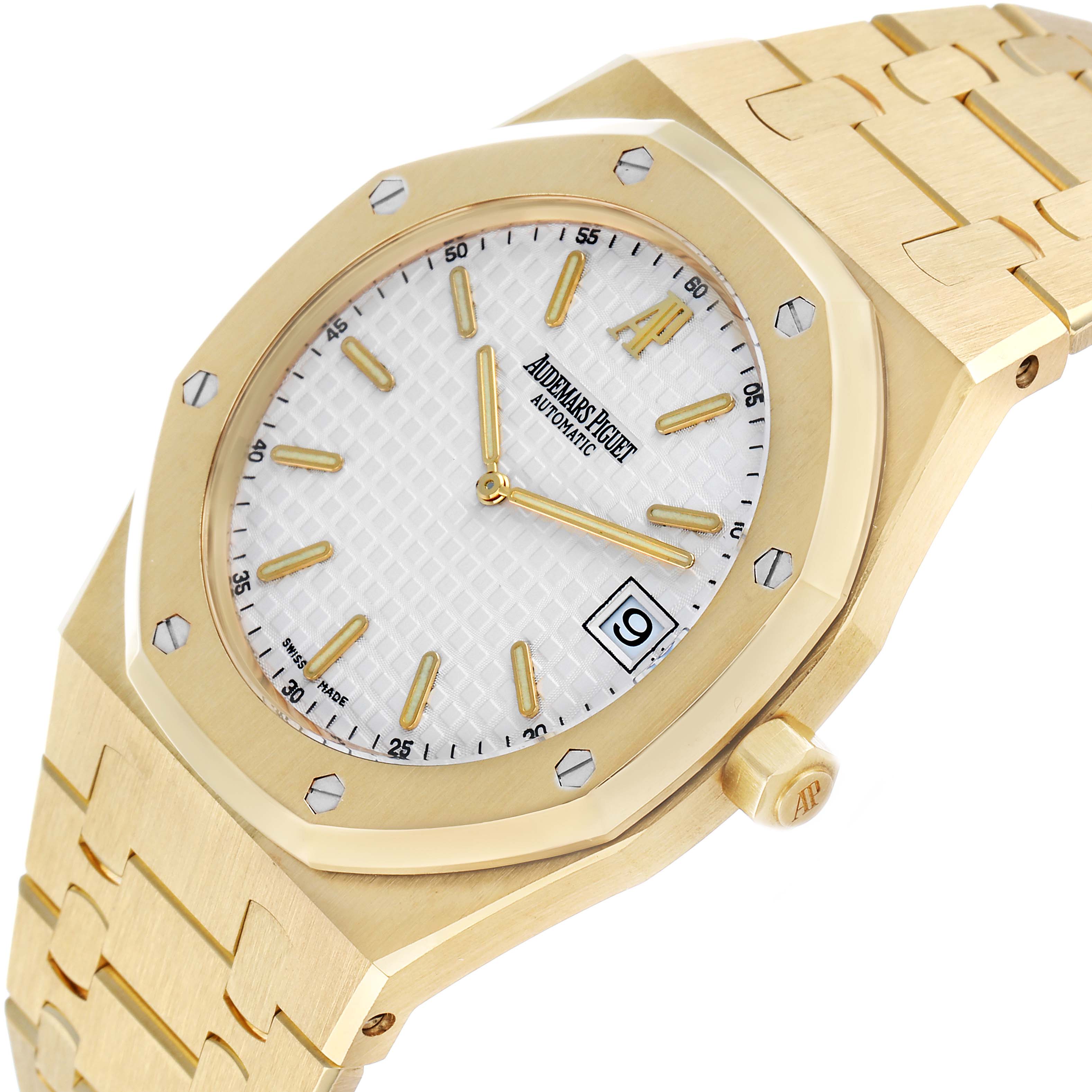 The Audemars Piguet Royal Oak 15202BA.OO.0944BA.01 Men's Yellow Gold White Dial watch is shown at an angled side view, highlighting the gold case, octagonal bezel, and bracelet.